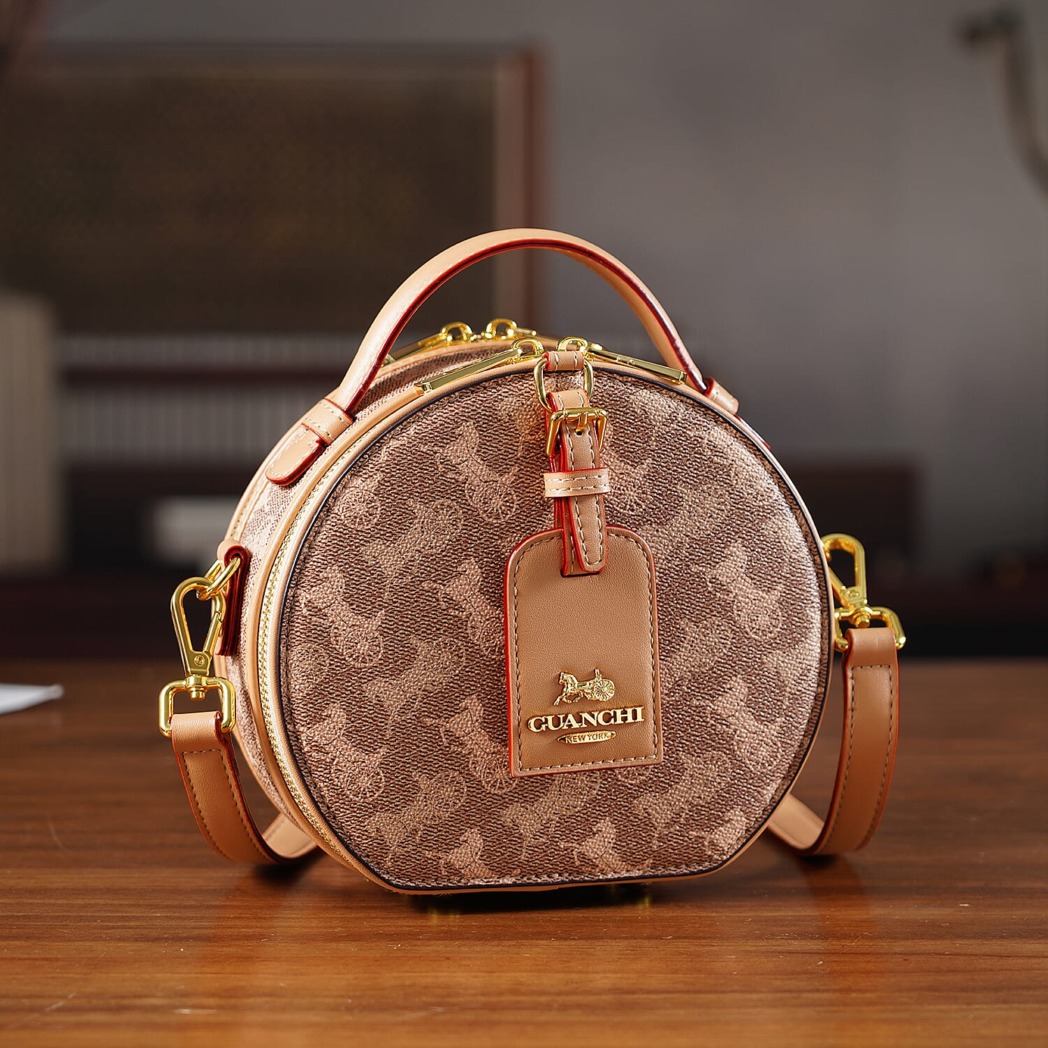 Guanchi Round Crossbody Bag with Top Handle - Brown