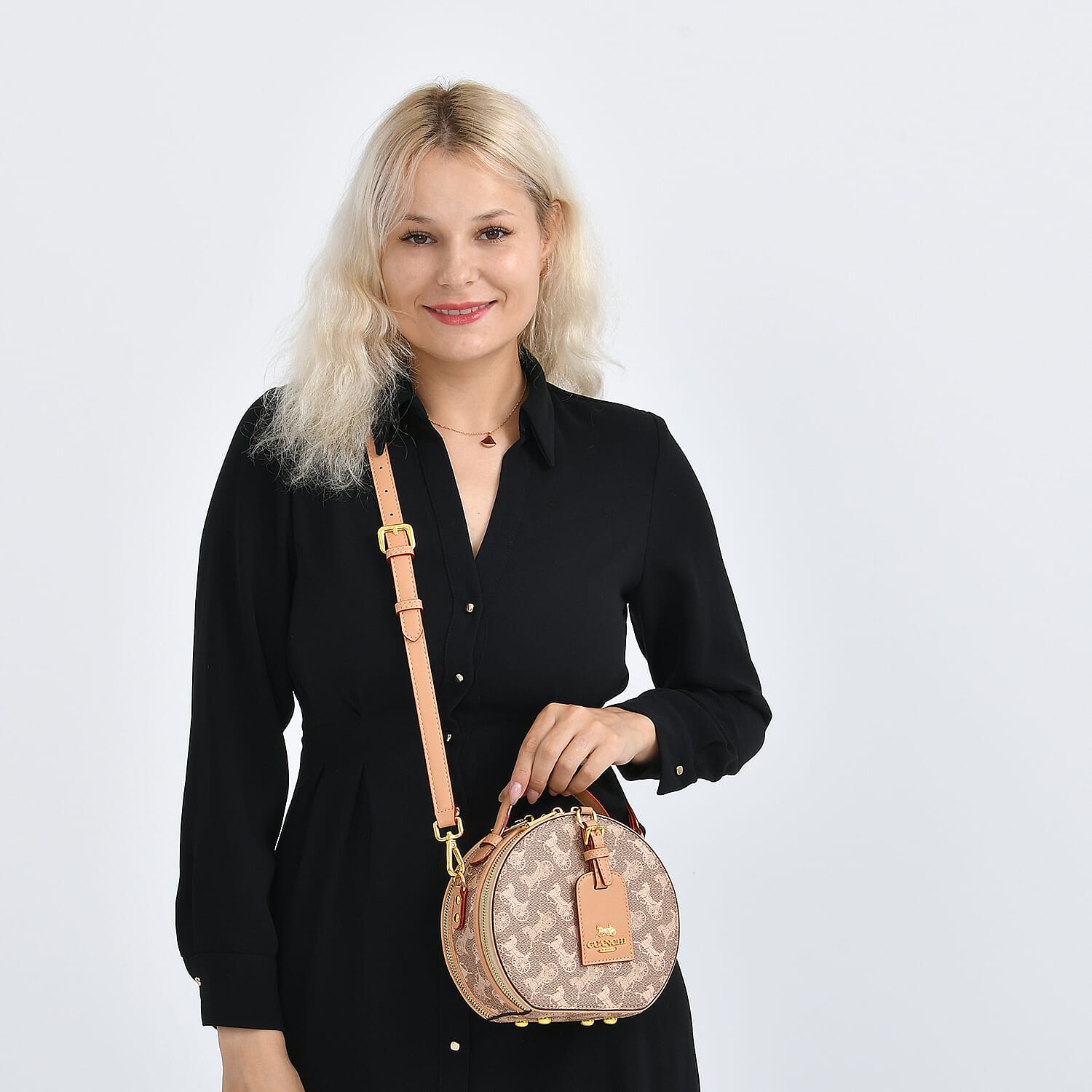 Guanchi Round Crossbody Bag with Top Handle - Brown