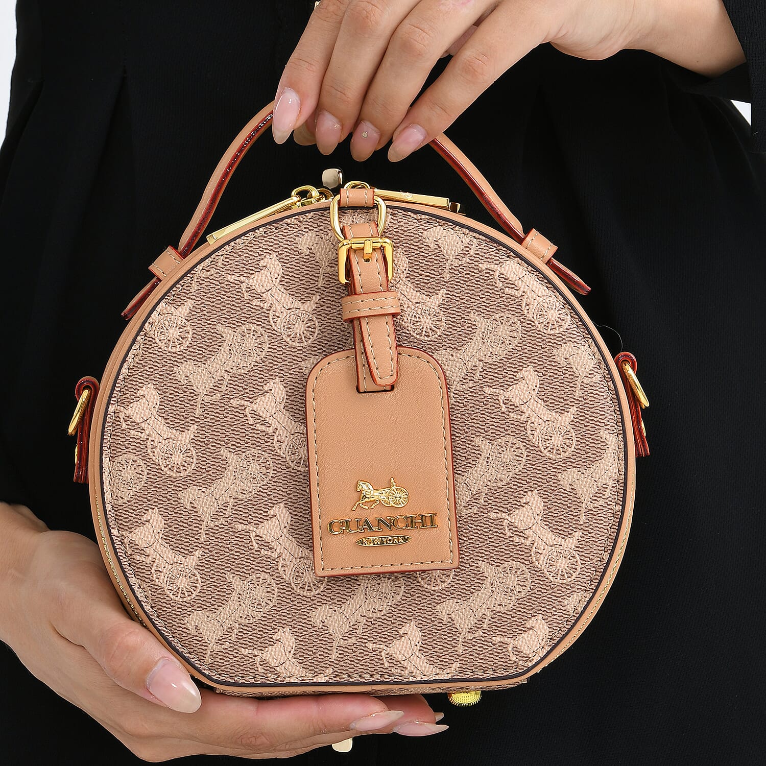 Guanchi Round Crossbody Bag with Top Handle - Brown