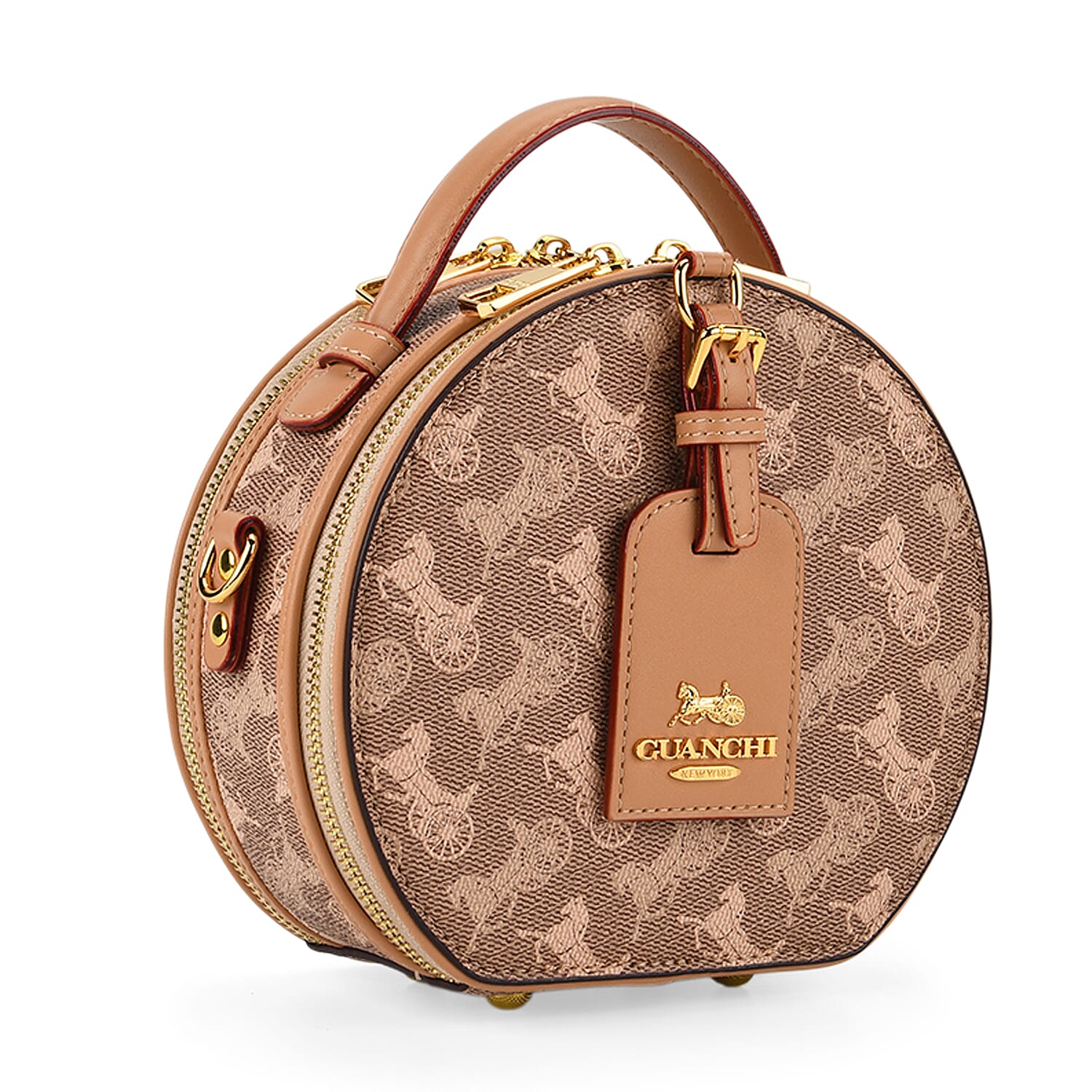 Guanchi Round Crossbody Bag with Top Handle - Brown