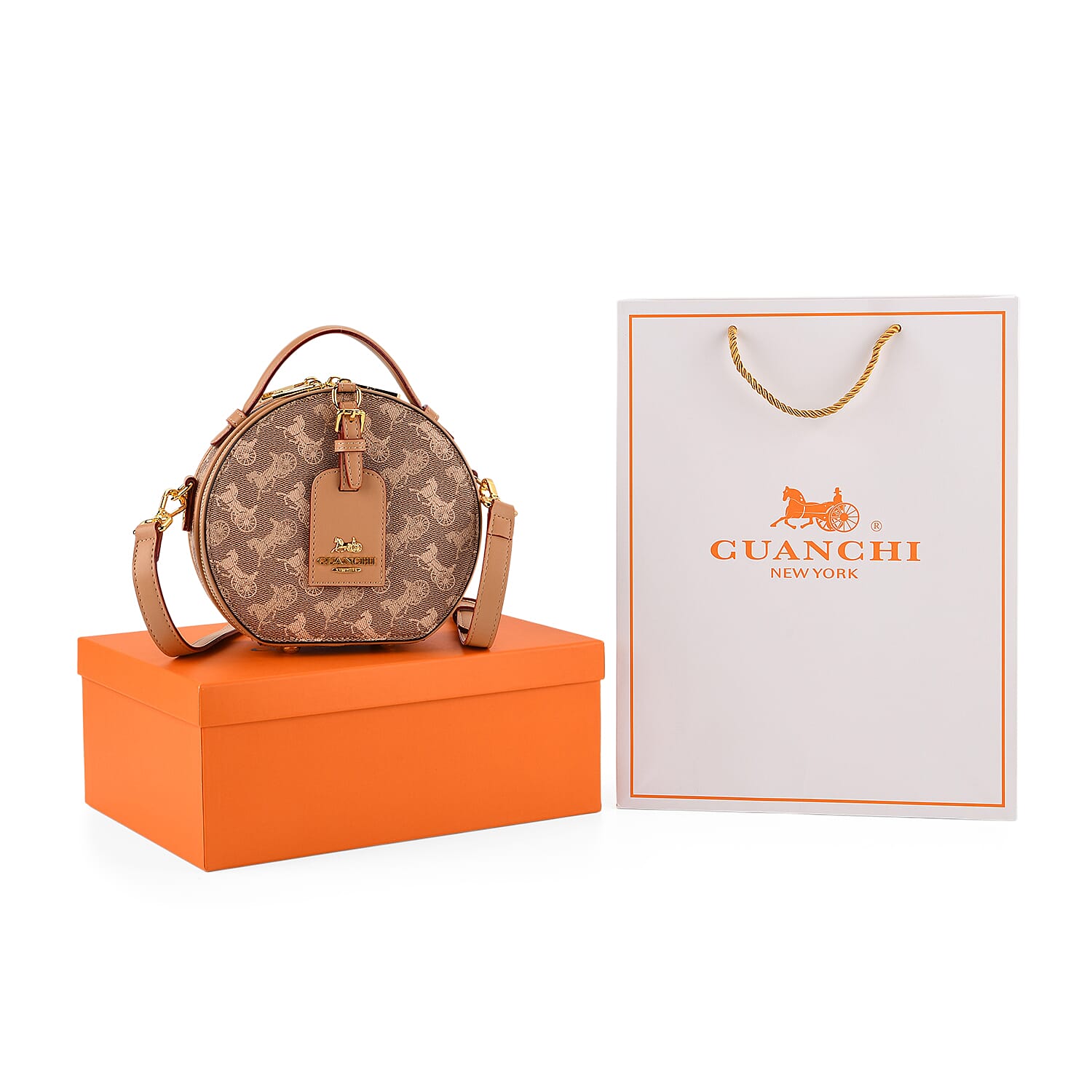 Guanchi Round Crossbody Bag with Top Handle - Brown