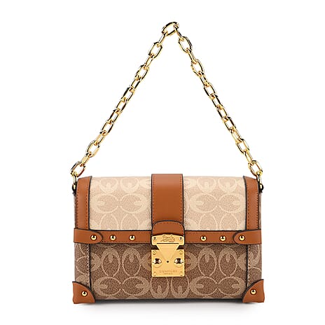 Guanchi Mini Trunk Crossbody Bag with Gold Chain Strap - Brown & Beige