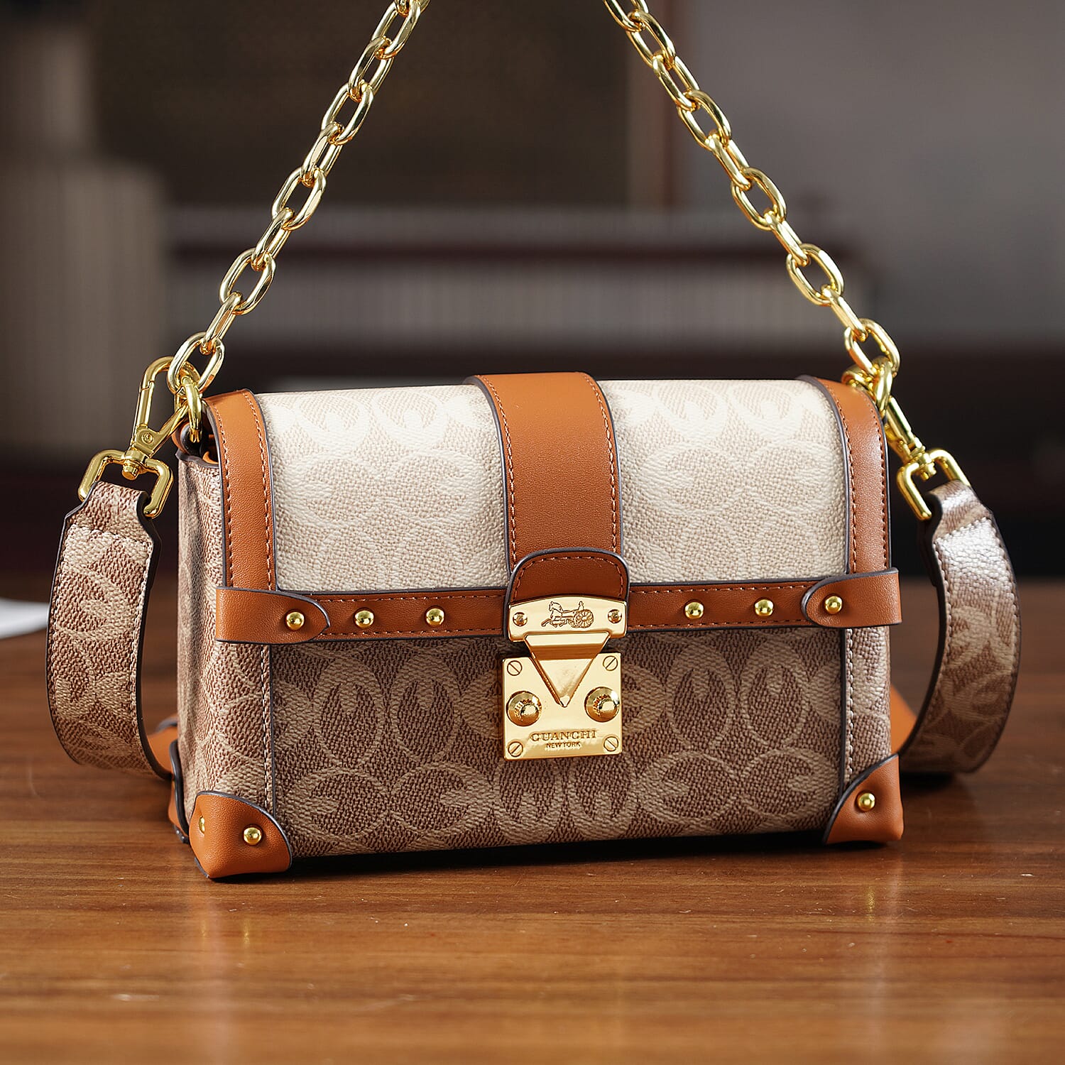 Guanchi Mini Trunk Crossbody Bag with Gold Chain Strap - Brown & Beige