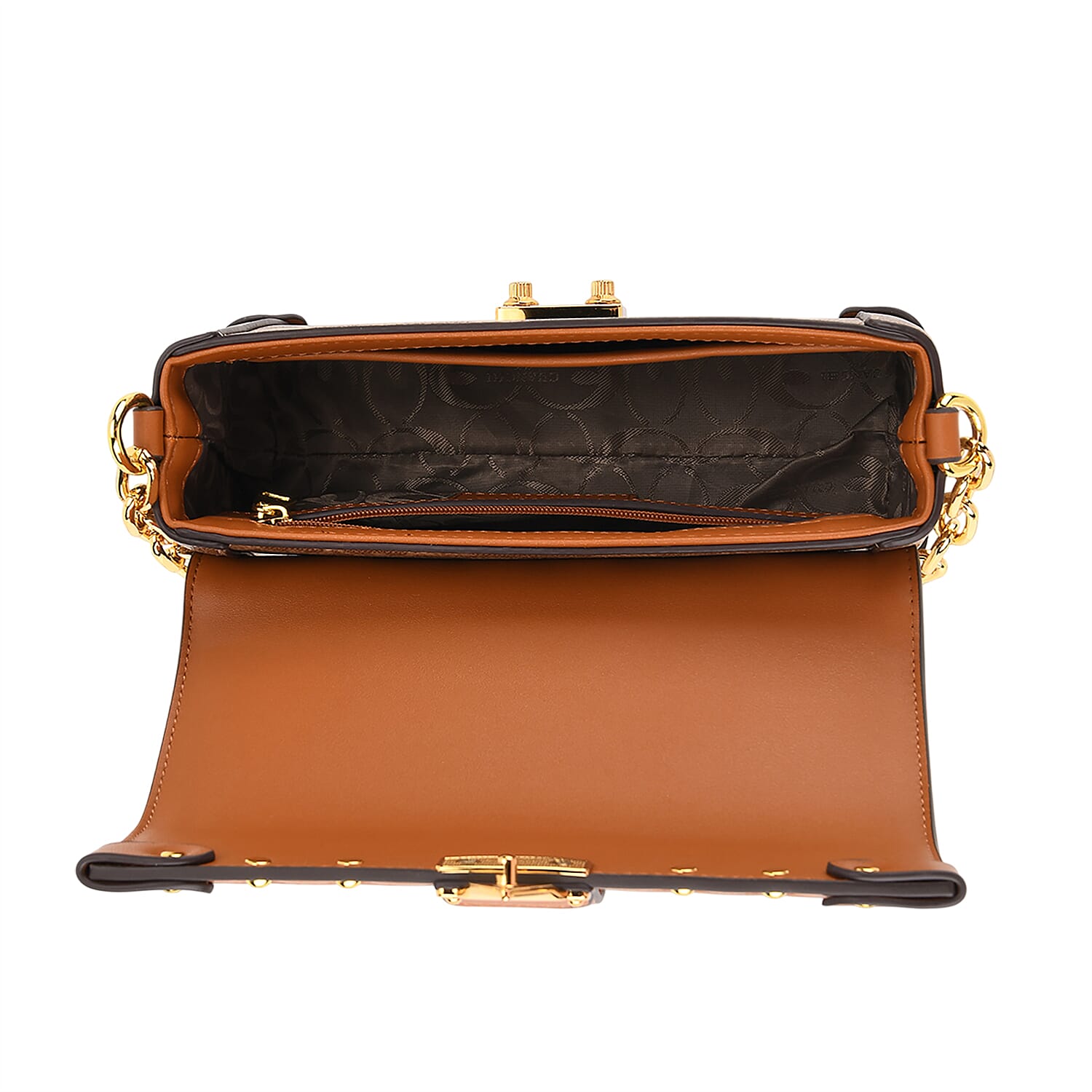 Guanchi Mini Trunk Crossbody Bag with Gold Chain Strap - Brown & Beige