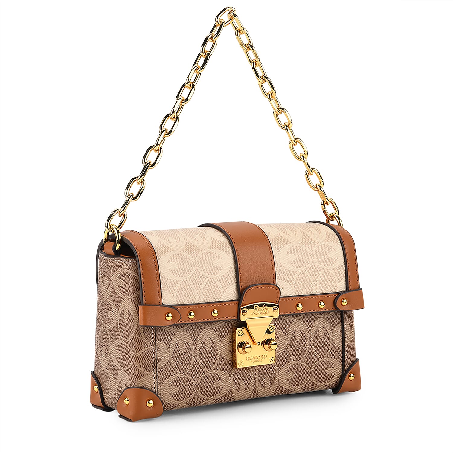 Guanchi Mini Trunk Crossbody Bag with Gold Chain Strap - Brown & Beige