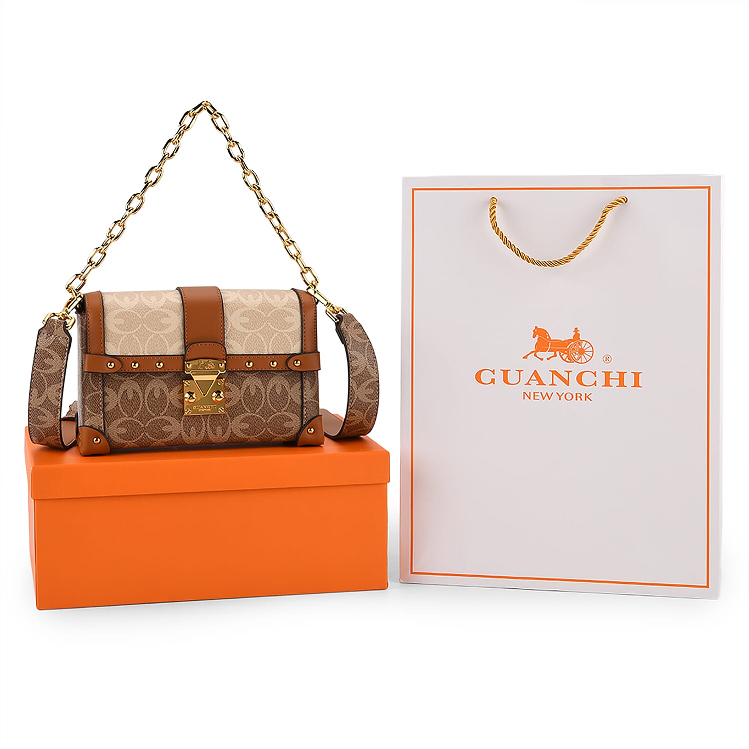 Guanchi Mini Trunk Crossbody Bag with Gold Chain Strap - Brown & Beige