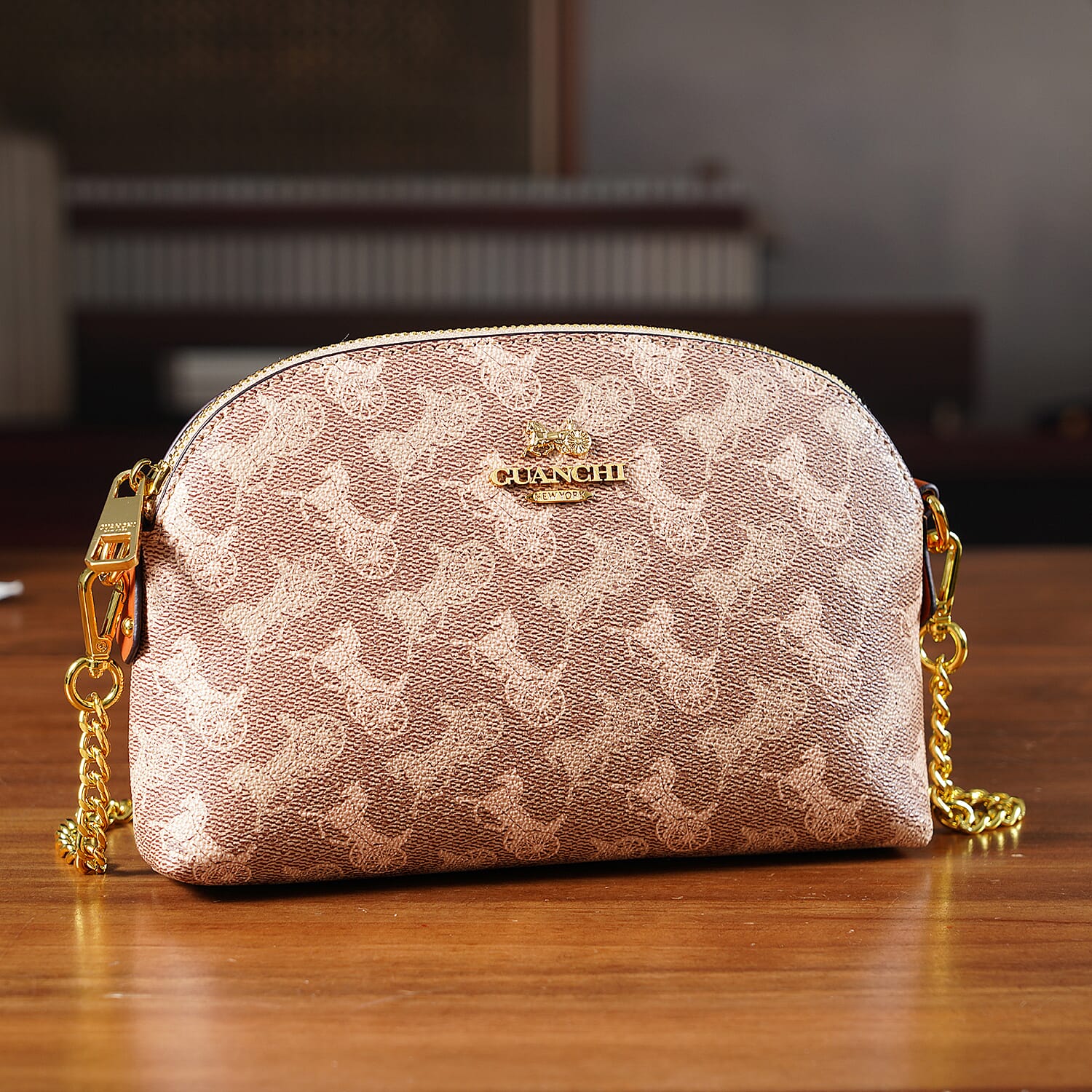 Guanchi Stylish Crossbody Bag with Shoulder Chain Strap - Brown & Beige