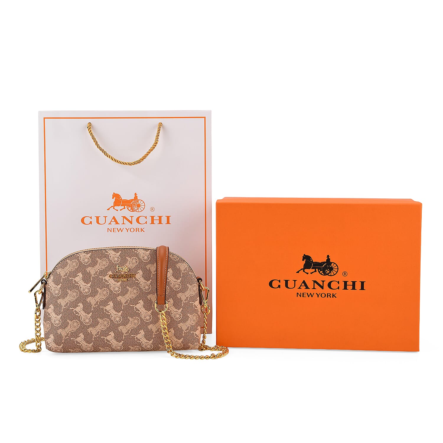 Guanchi Stylish Crossbody Bag with Shoulder Chain Strap - Brown & Beige