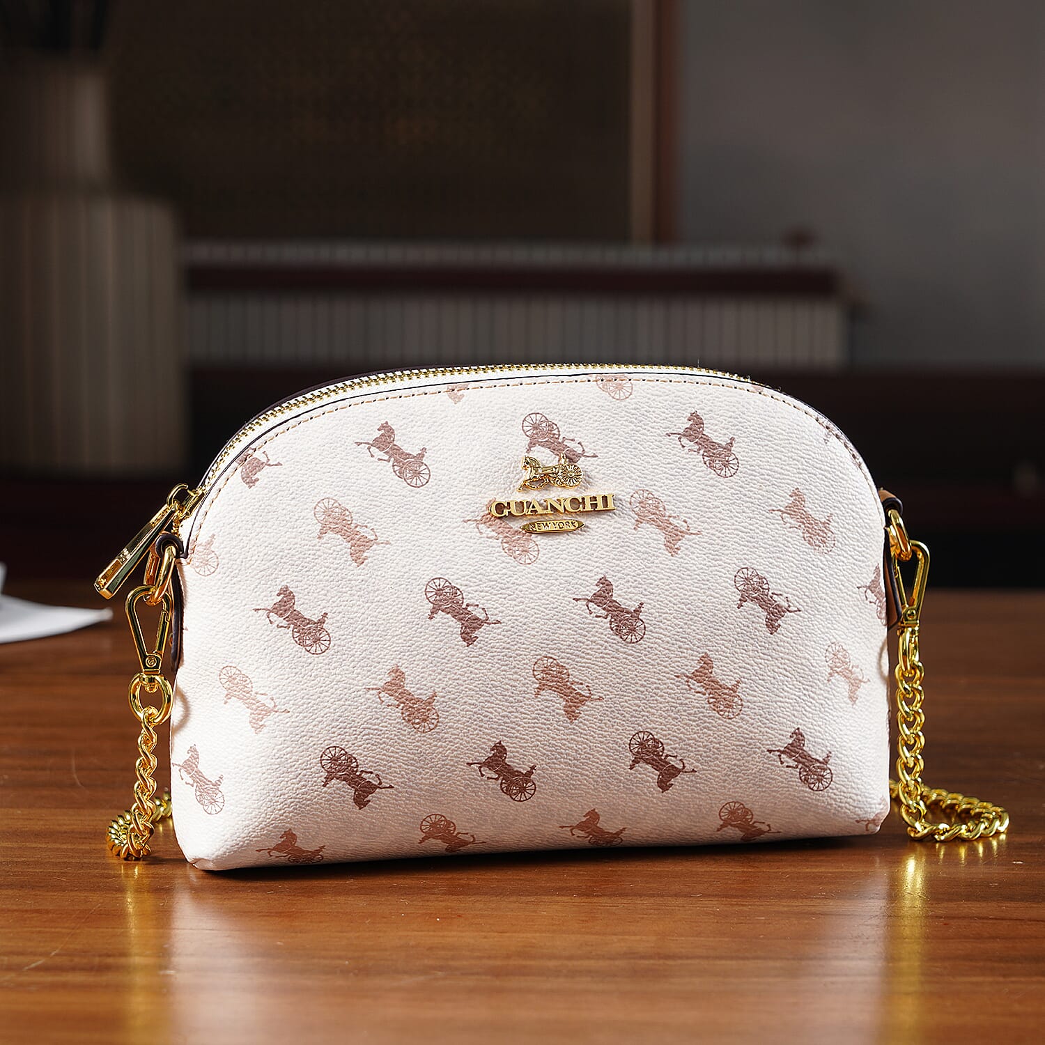 Guanchi Stylish Crossbody Bag with Shoulder Chain Strap - Ivory & Brown