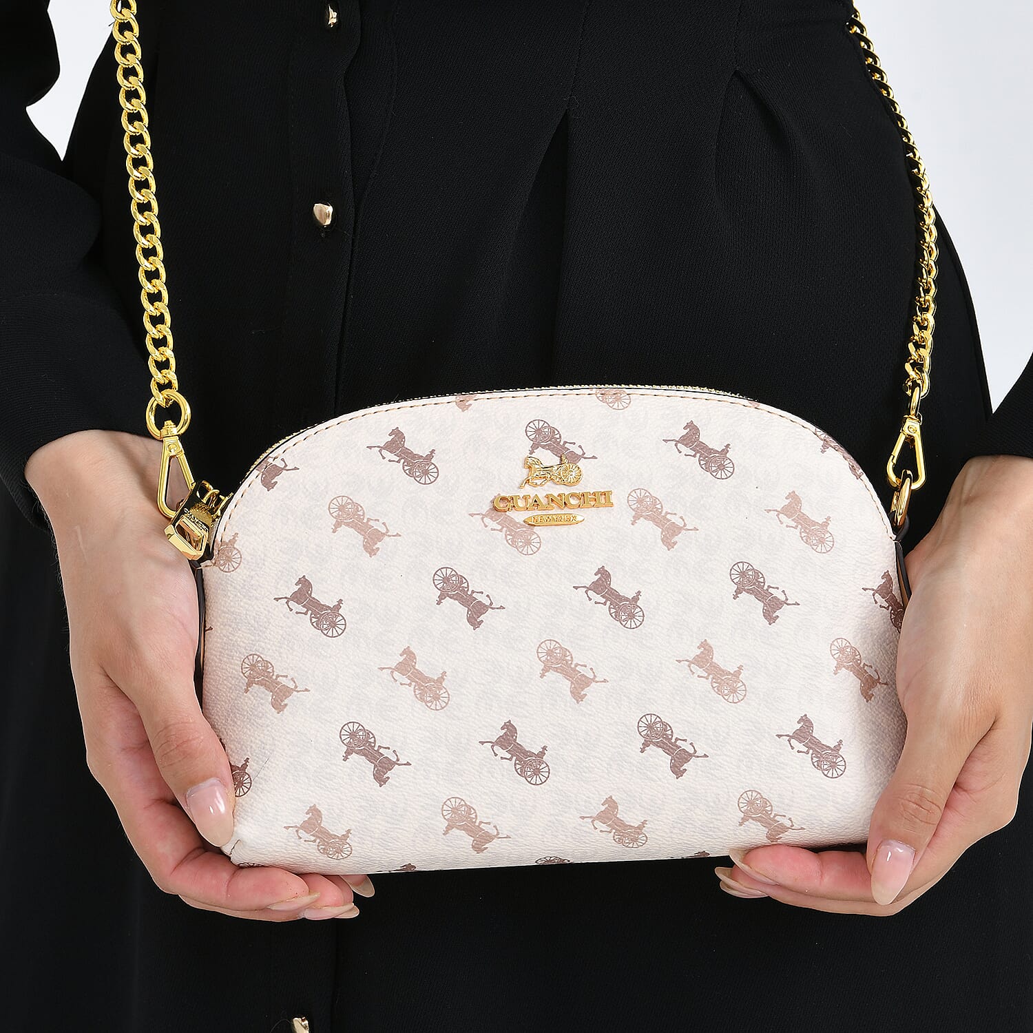 Guanchi Stylish Crossbody Bag with Shoulder Chain Strap - Ivory & Brown