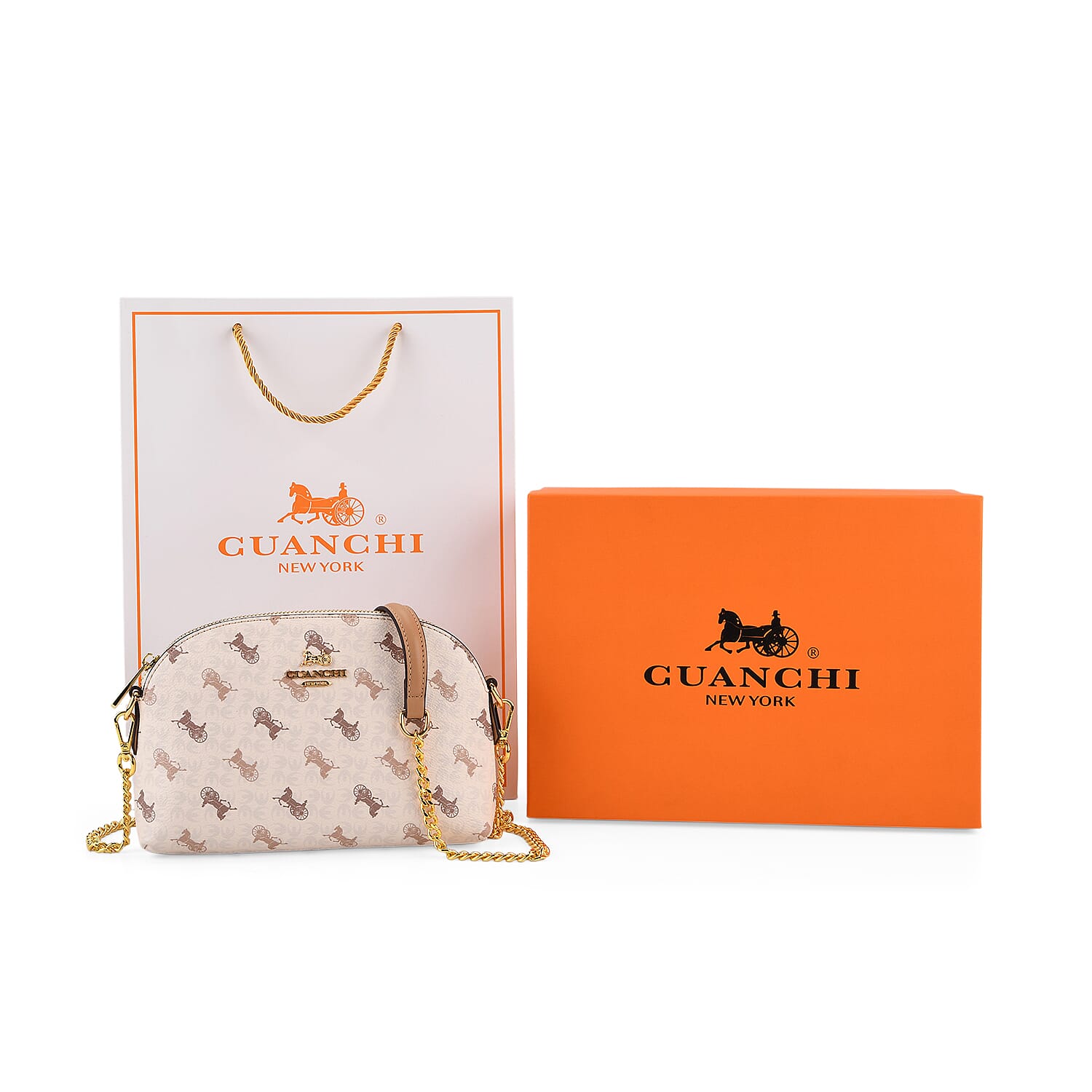 Guanchi Stylish Crossbody Bag with Shoulder Chain Strap - Ivory & Brown