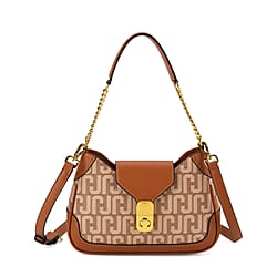 JVC- Milano Style Structured Saddle Bag with Flap Lock & Shoulder Strap (100 cm) - Tan & Beige
