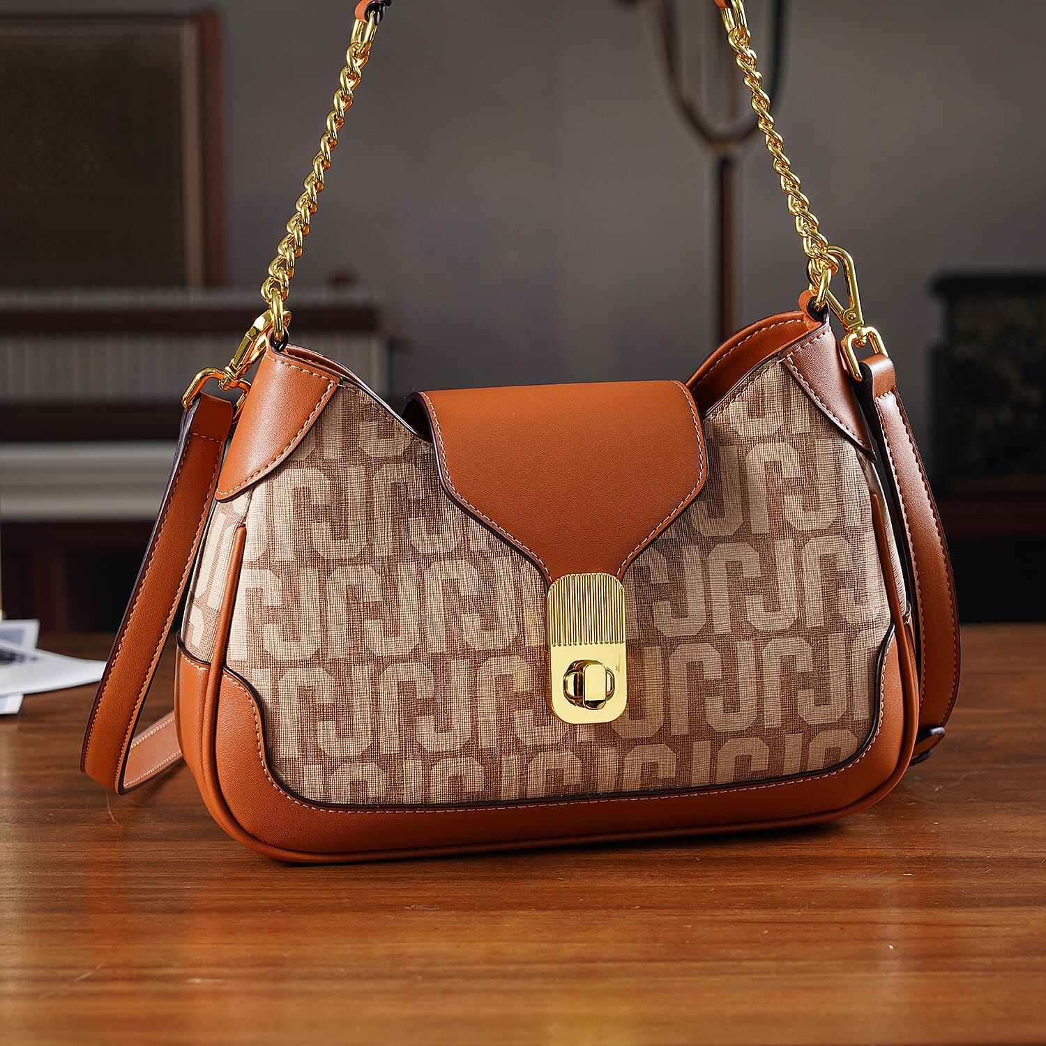 JVC- Milano Style Structured Saddle Bag with Flap Lock & Shoulder Strap (100 cm) - Tan & Beige