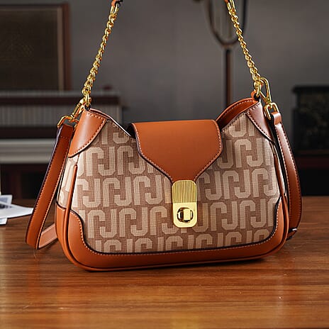 JVC- Milano Style Structured Saddle Bag with Flap Lock & Shoulder Strap (100 cm) - Tan & Beige