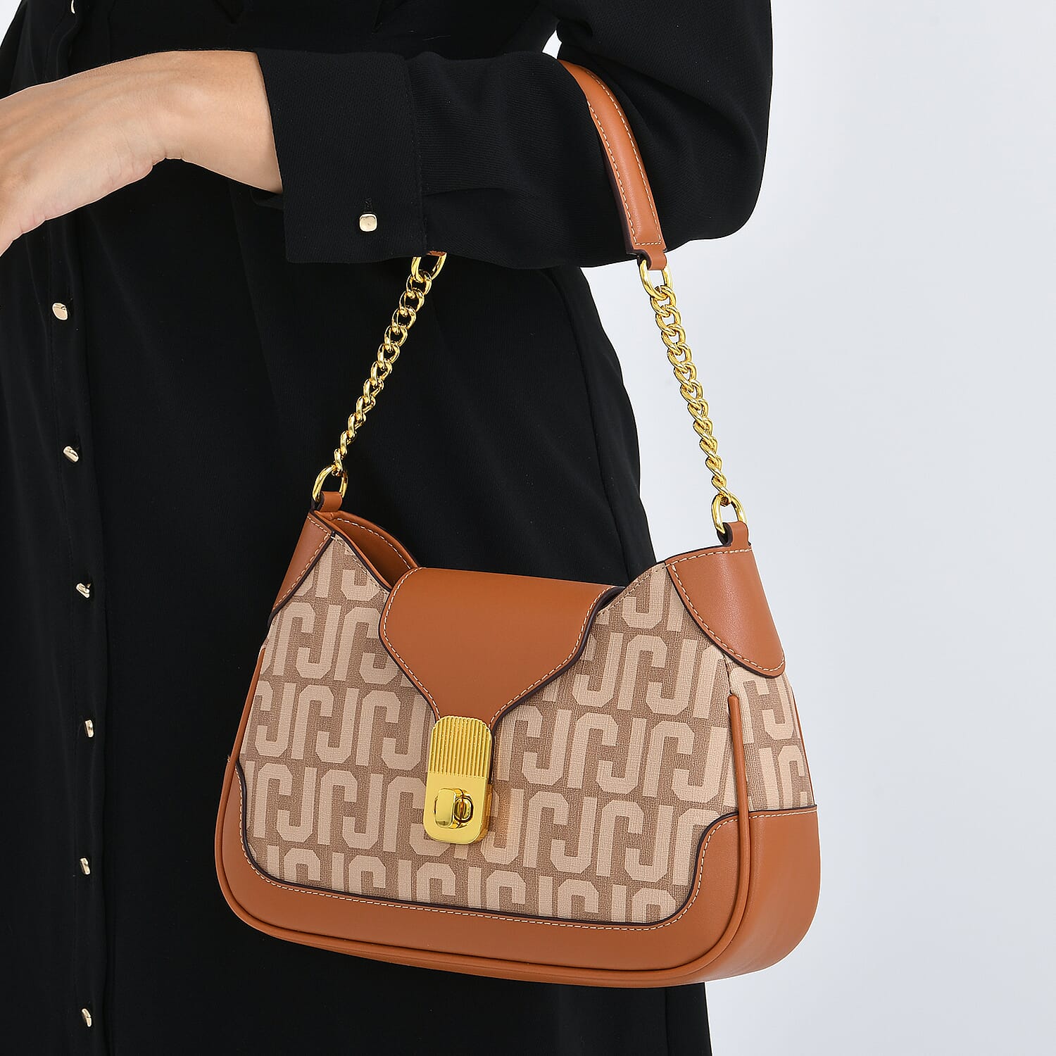 JVC- Milano Style Structured Saddle Bag with Flap Lock & Shoulder Strap (100 cm) - Tan & Beige