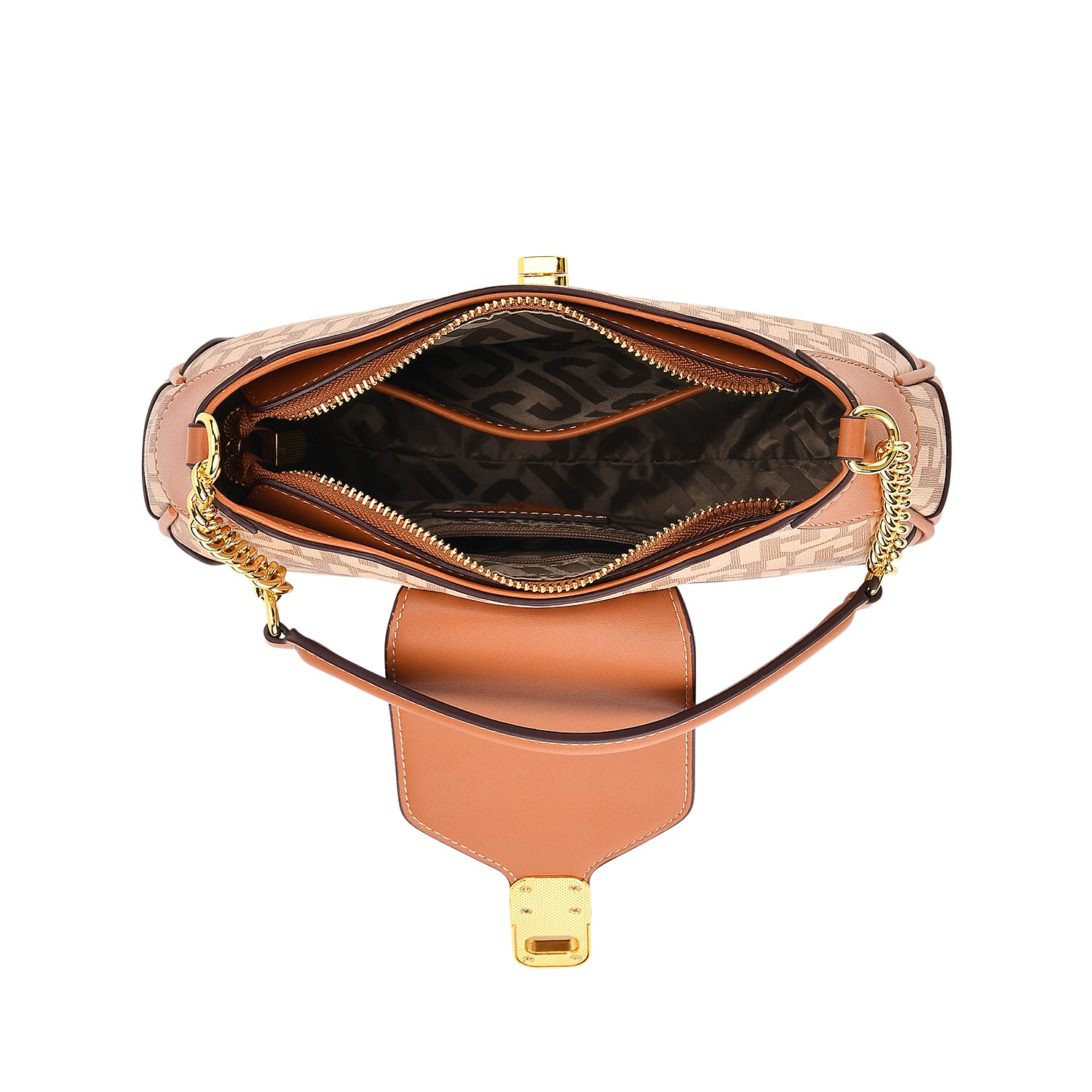 JVC- Milano Style Structured Saddle Bag with Flap Lock & Shoulder Strap (100 cm) - Tan & Beige