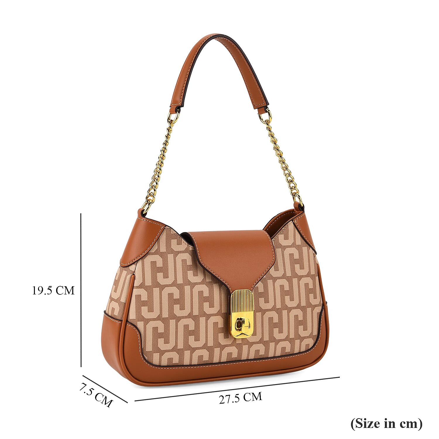 JVC- Milano Style Structured Saddle Bag with Flap Lock & Shoulder Strap (100 cm) - Tan & Beige