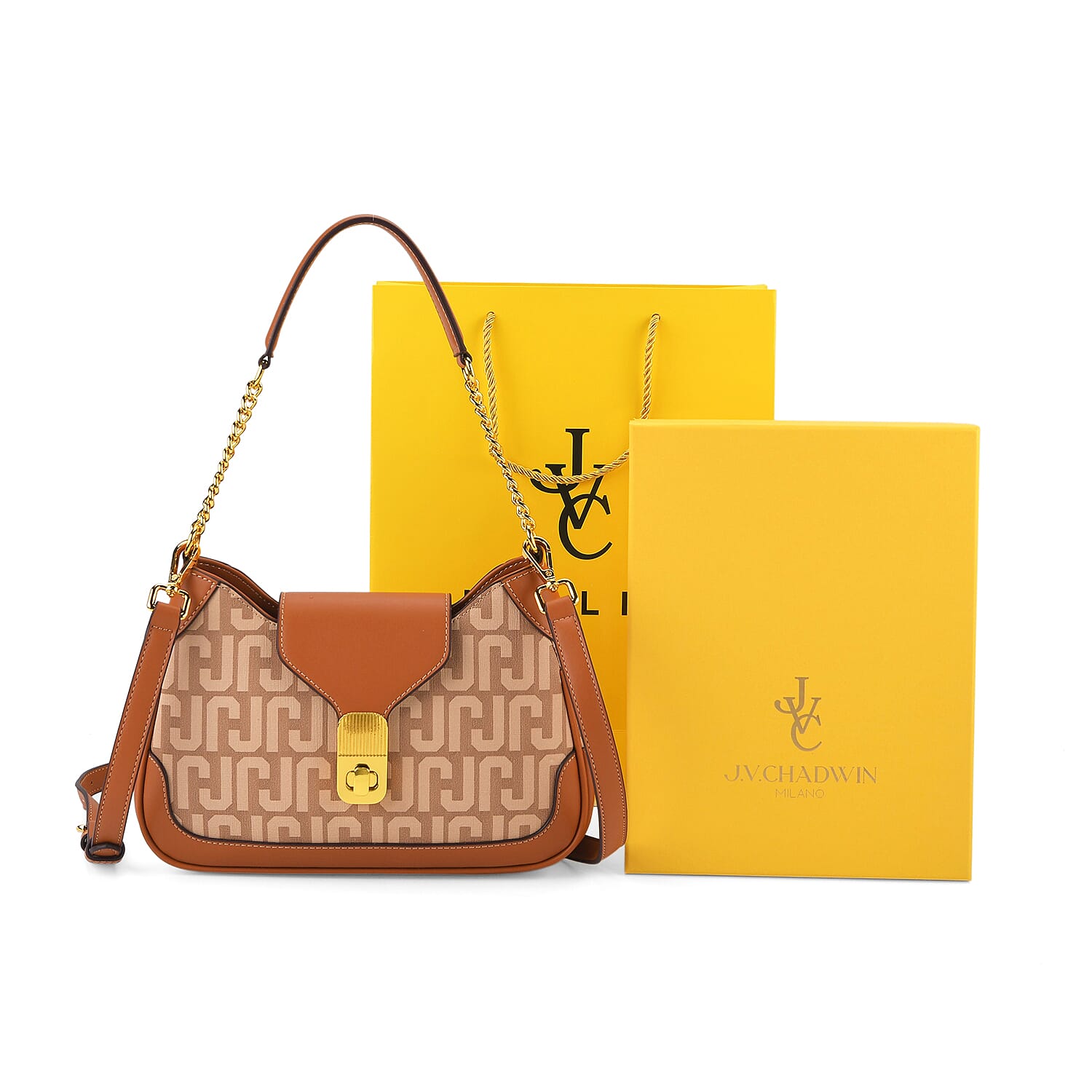 JVC- Milano Style Structured Saddle Bag with Flap Lock & Shoulder Strap (100 cm) - Tan & Beige