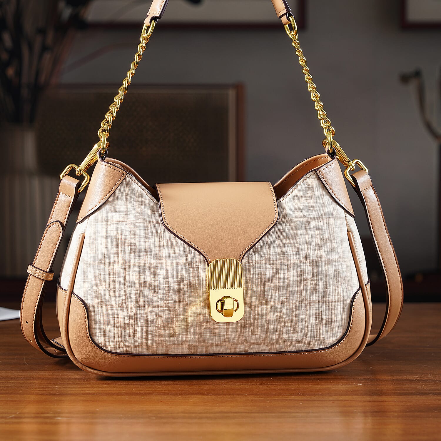 JVC- Milano Style Structured Saddle Bag with Flap Lock & Shoulder Strap (100 cm) - Ivory & Brown