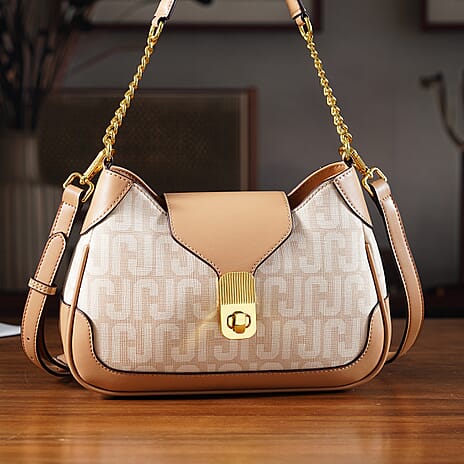 JVC- Milano Style Structured Saddle Bag with Flap Lock & Shoulder Strap (100 cm) - Ivory & Brown