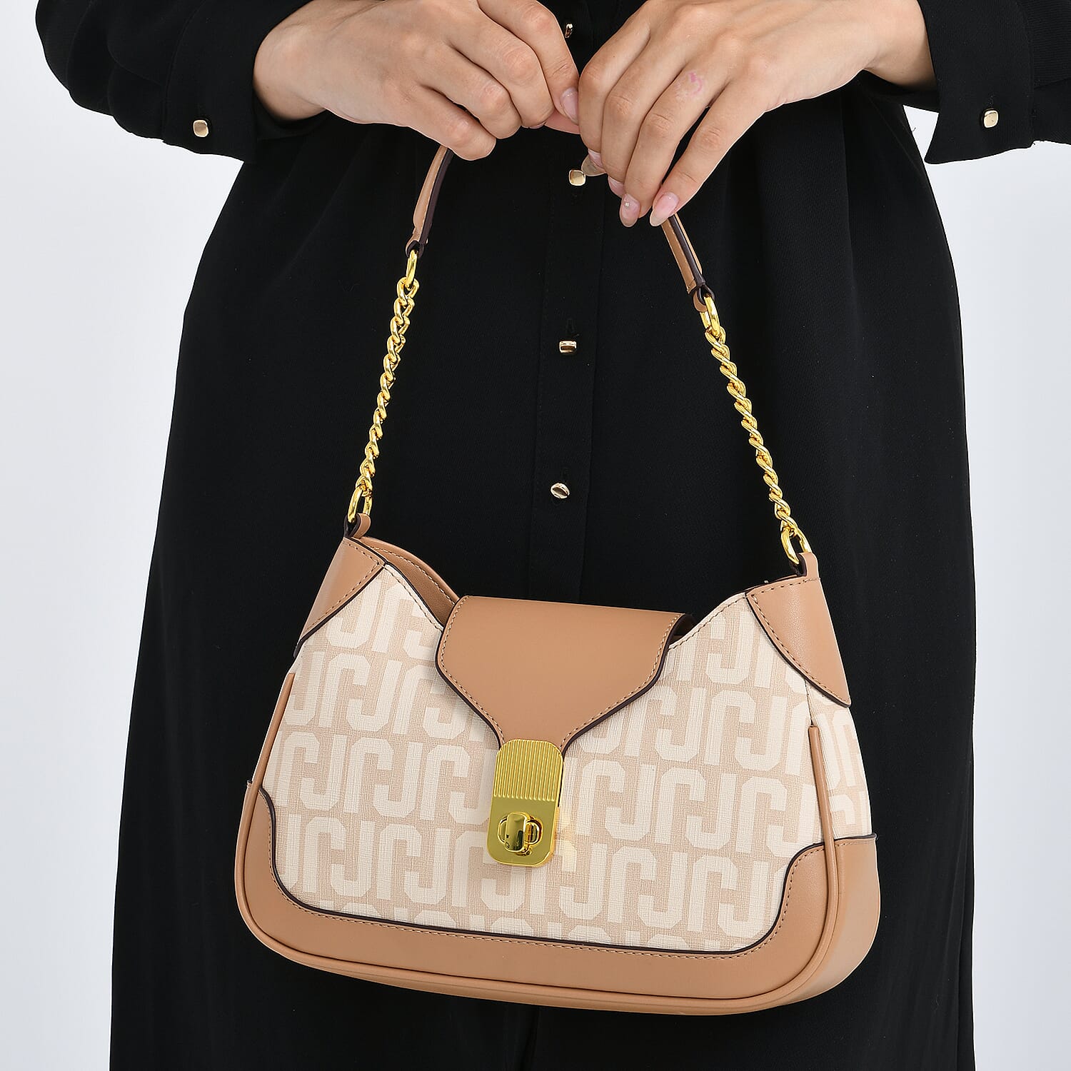 JVC- Milano Style Structured Saddle Bag with Flap Lock & Shoulder Strap (100 cm) - Ivory & Brown