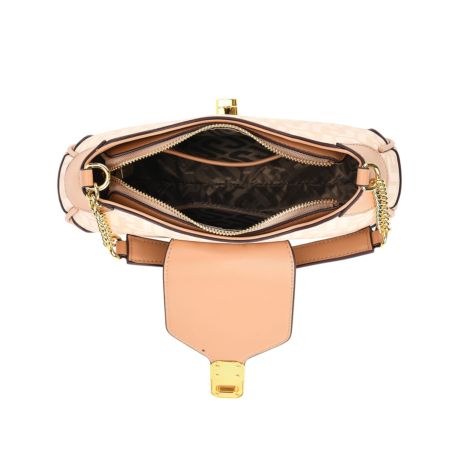 JVC- Milano Style Structured Saddle Bag with Flap Lock & Shoulder Strap (100 cm) - Ivory & Brown