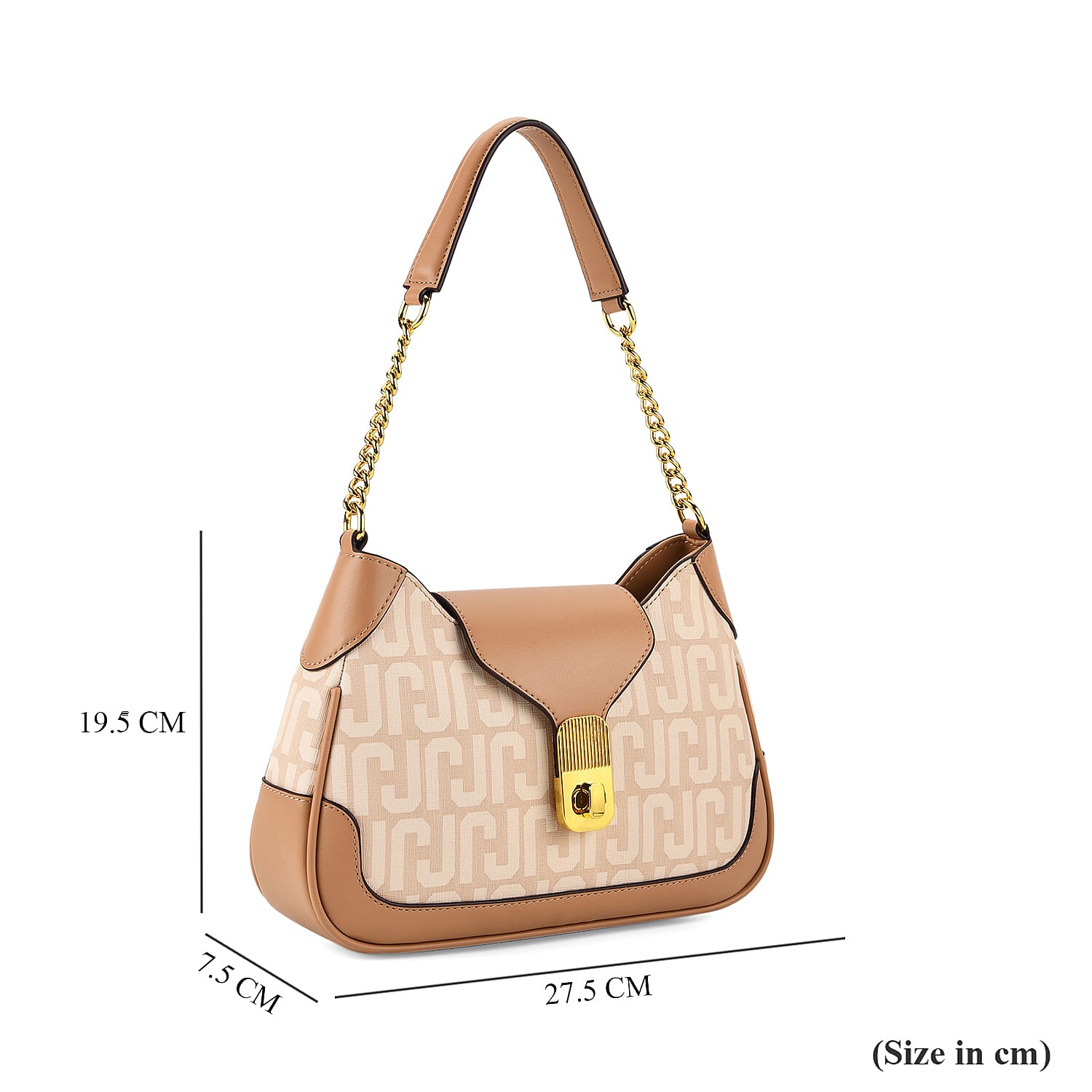 JVC- Milano Style Structured Saddle Bag with Flap Lock & Shoulder Strap (100 cm) - Ivory & Brown