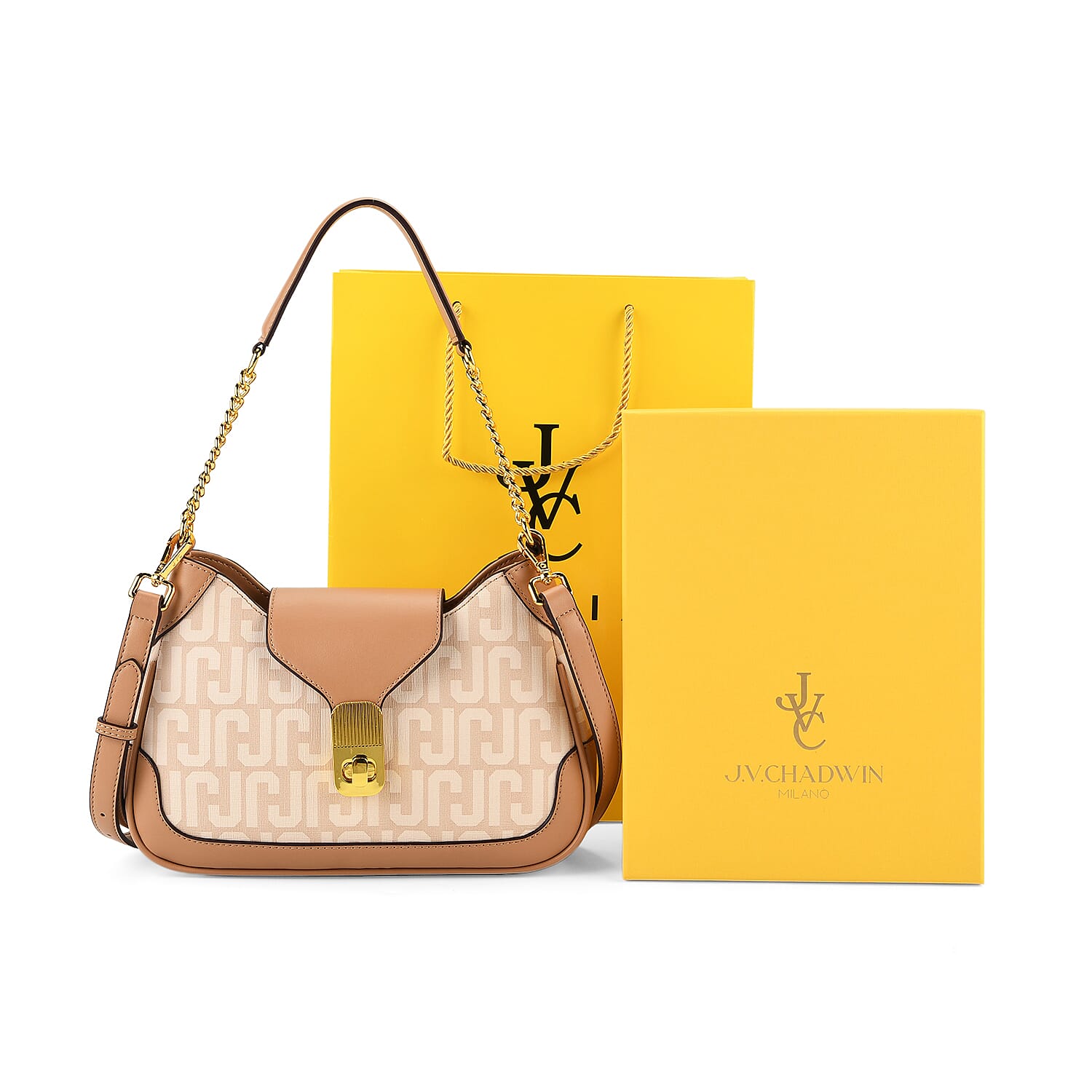 JVC- Milano Style Structured Saddle Bag with Flap Lock & Shoulder Strap (100 cm) - Ivory & Brown