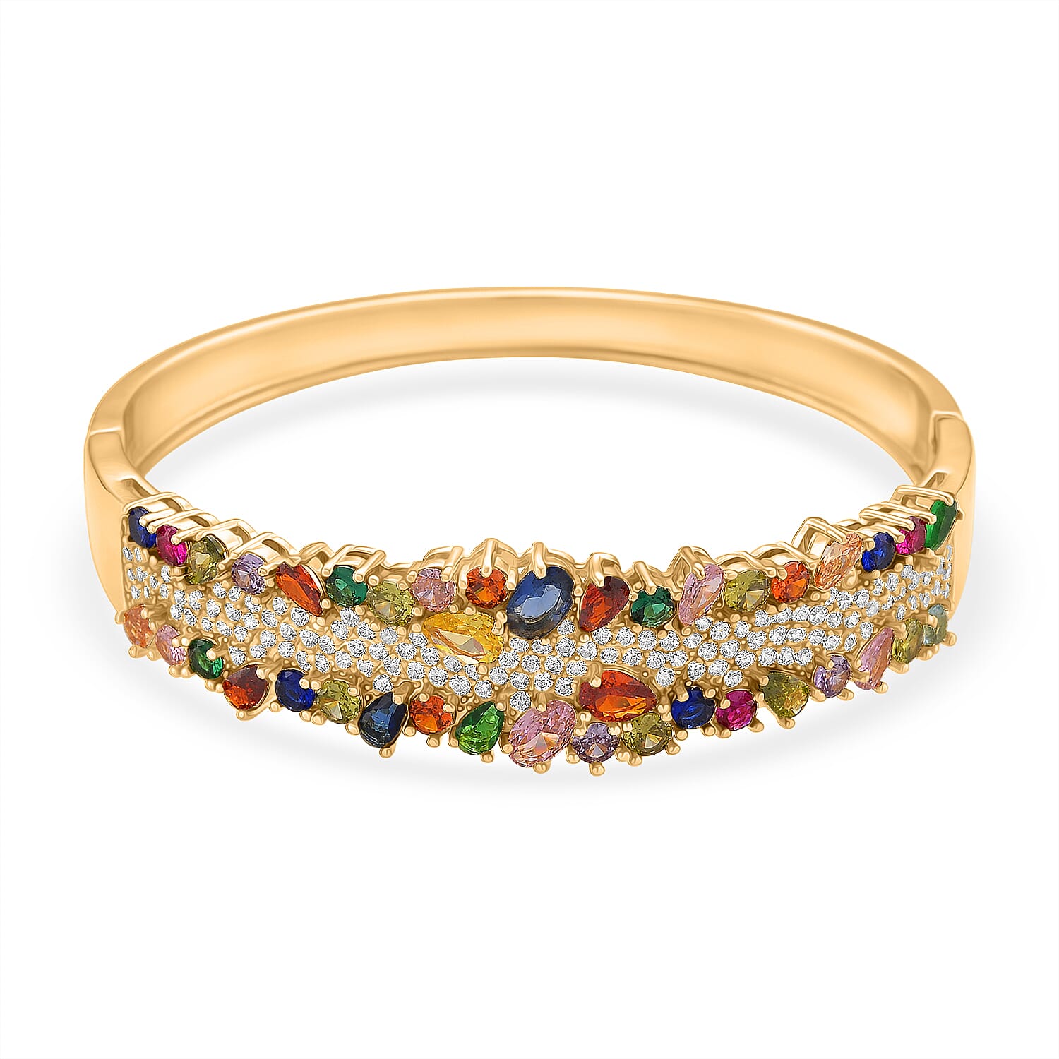 Multi Colour Cubic Zirconia Full Bangle (Size 7.5) in Yellow Gold Plated.