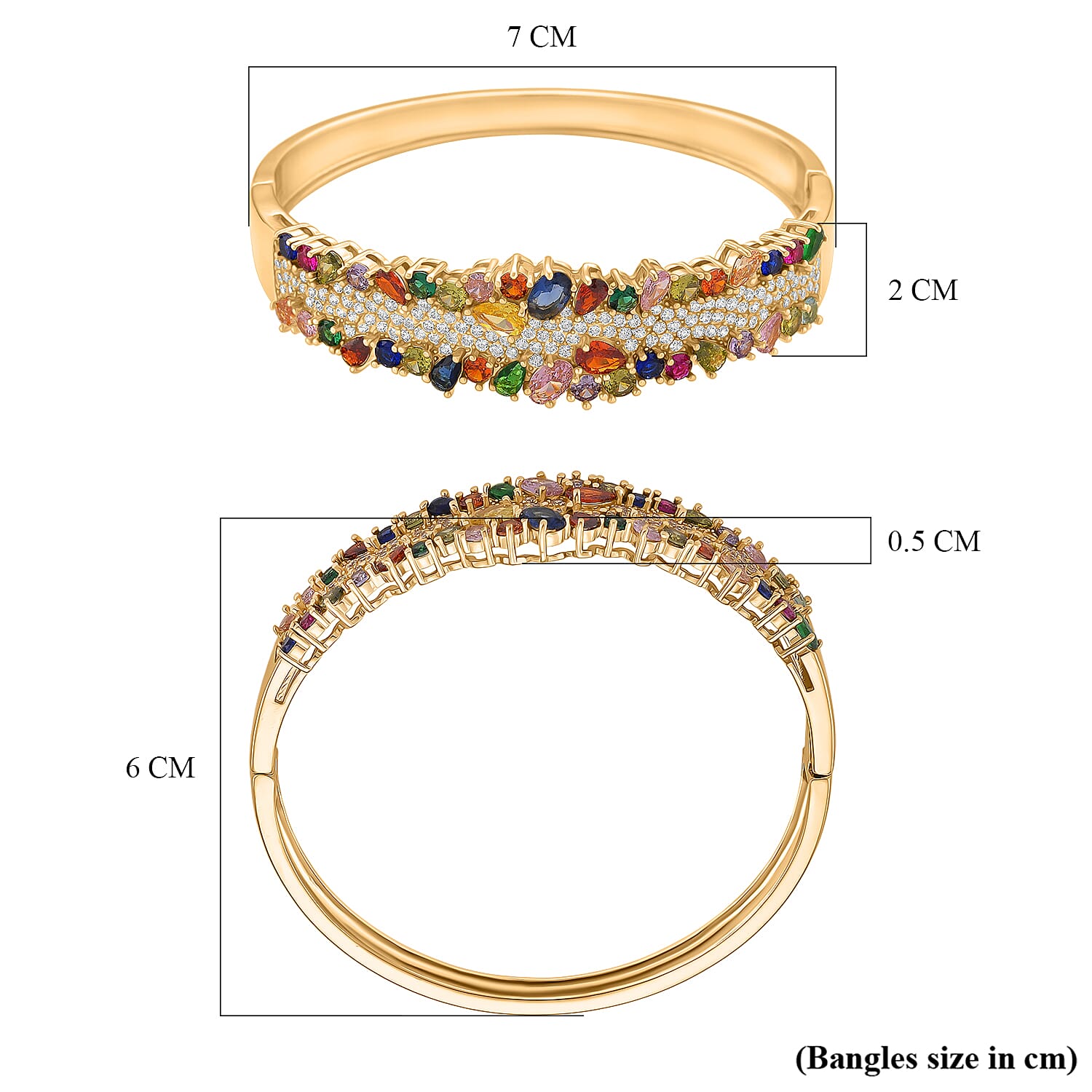 Multi Colour Cubic Zirconia Full Bangle (Size 7.5) in Yellow Gold Plated.