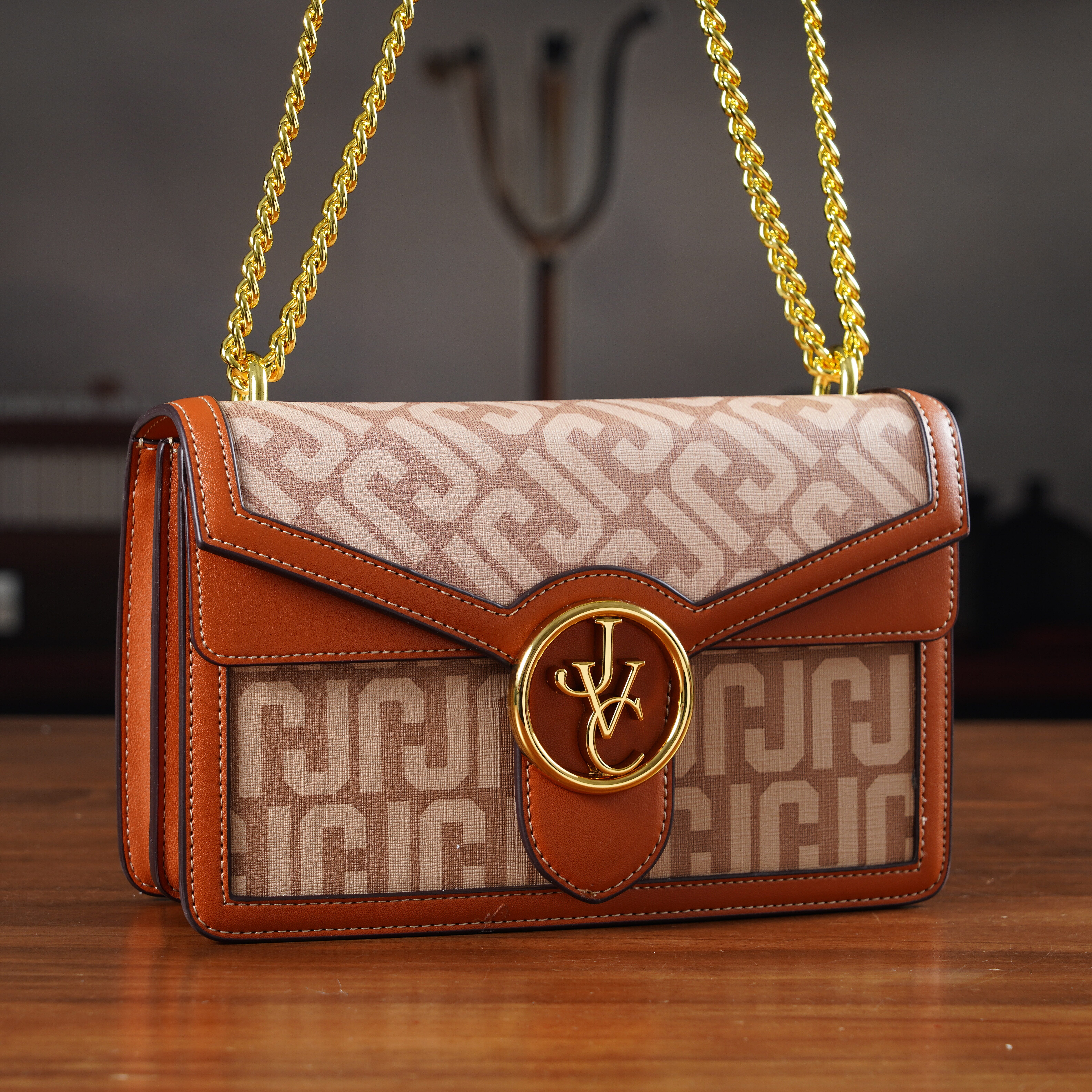 JVC- Milano Style Shoulder Bag with Chain Strap (128 cm) - Tan & Beige