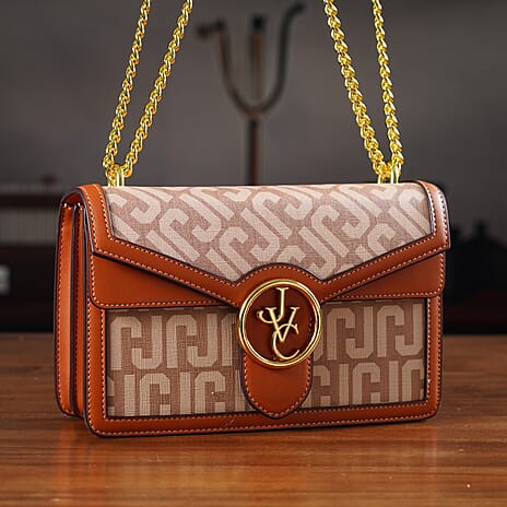 JVC- Milano Style Shoulder Bag with Chain Strap (128 cm) - Tan & Beige