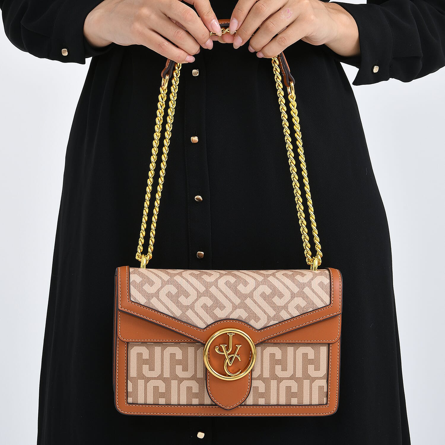 JVC- Milano Style Shoulder Bag with Chain Strap (128 cm) - Tan & Beige