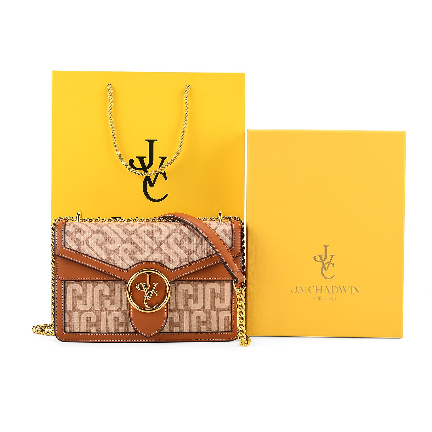 JVC- Milano Style Shoulder Bag with Chain Strap (128 cm) - Tan & Beige