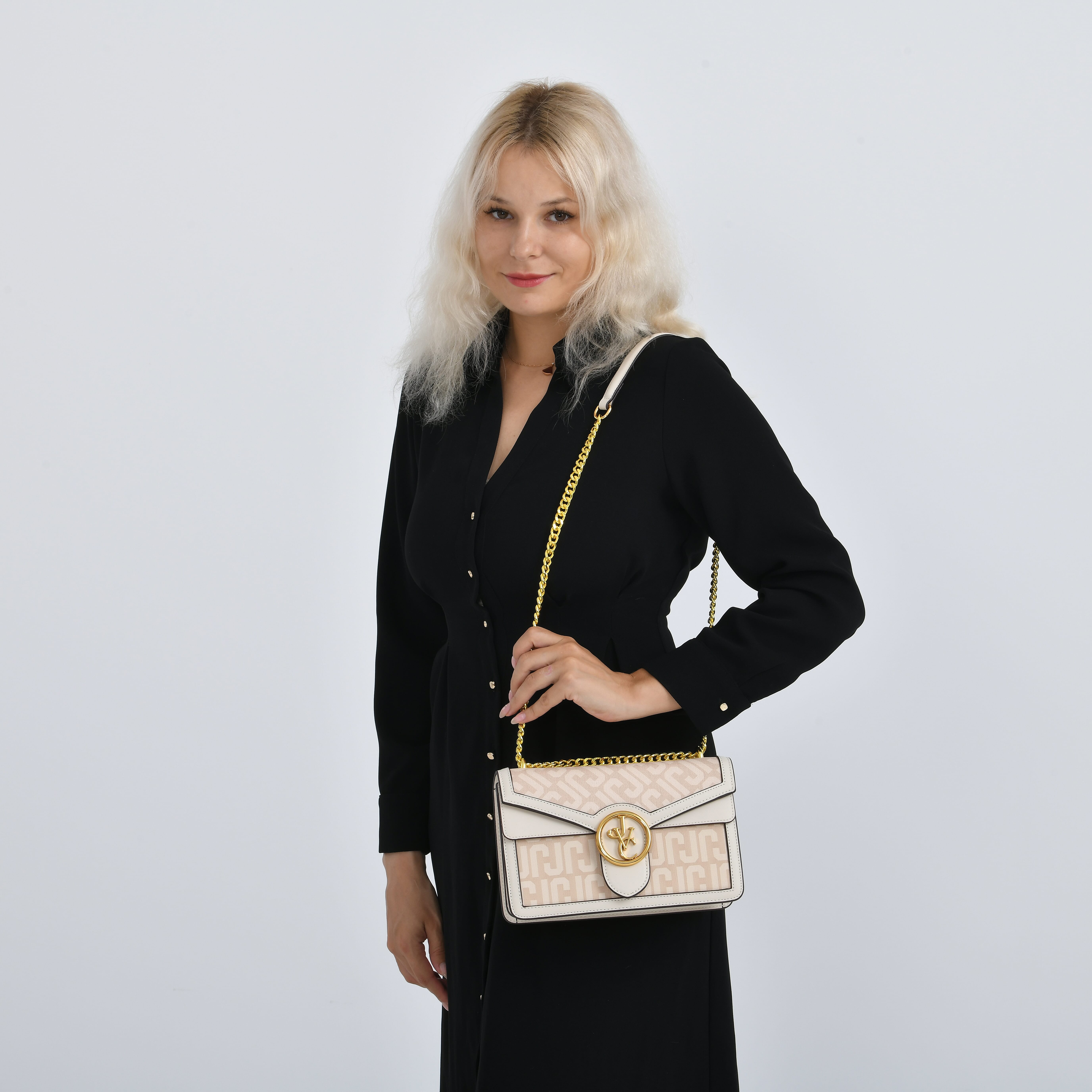 JVC- Milano Style Shoulder Bag with Chain Strap (128 cm) - Ivory & Brown