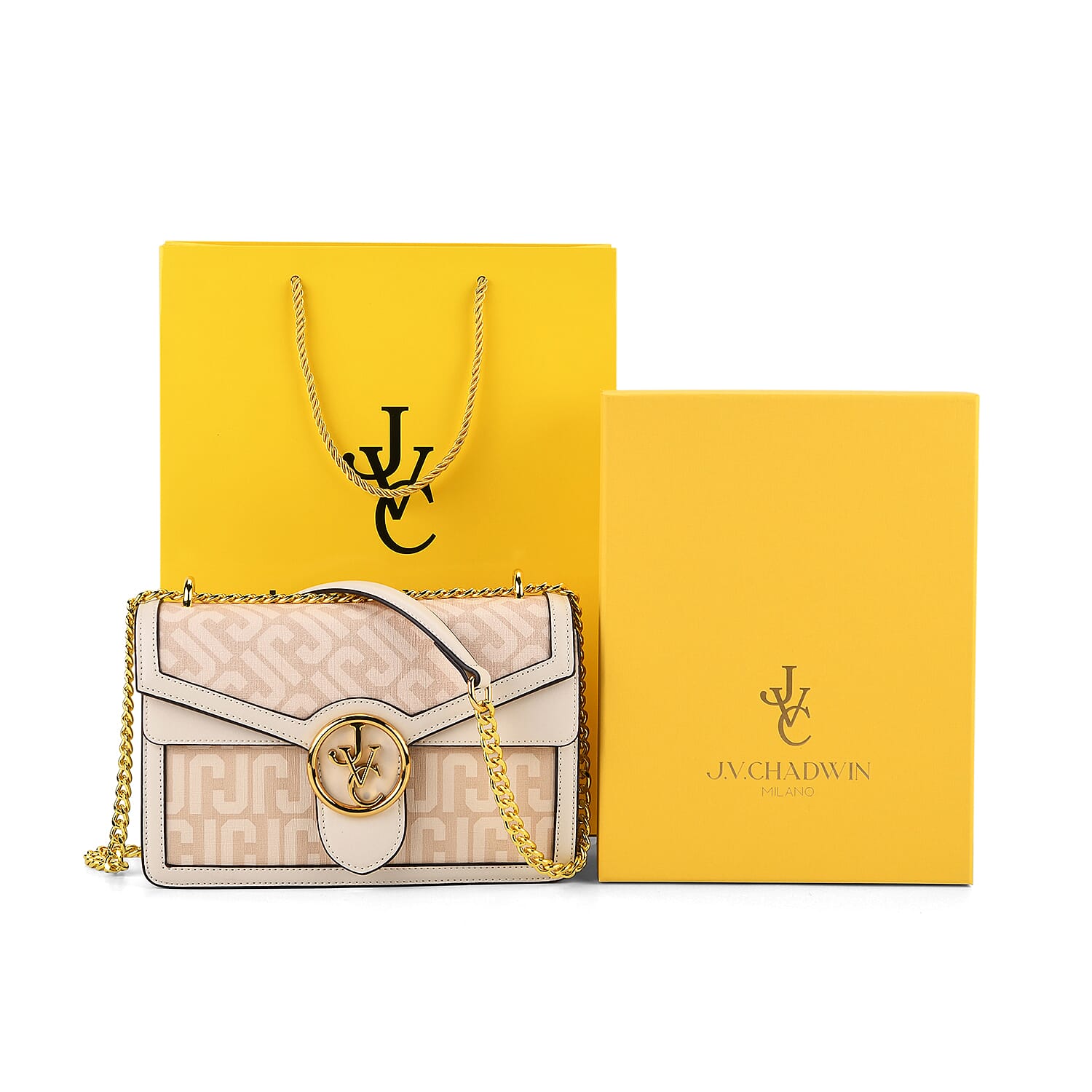 JVC- Milano Style Shoulder Bag with Chain Strap (128 cm) - Ivory & Brown