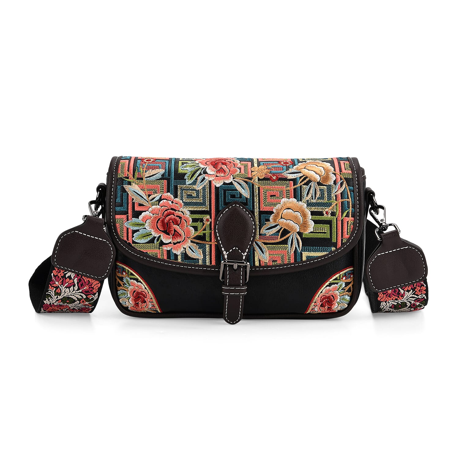 Floral Embroidered Sling Crossbody Bag - Black