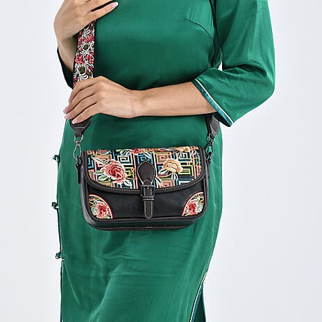 Floral Embroidered Sling Crossbody Bag - Black