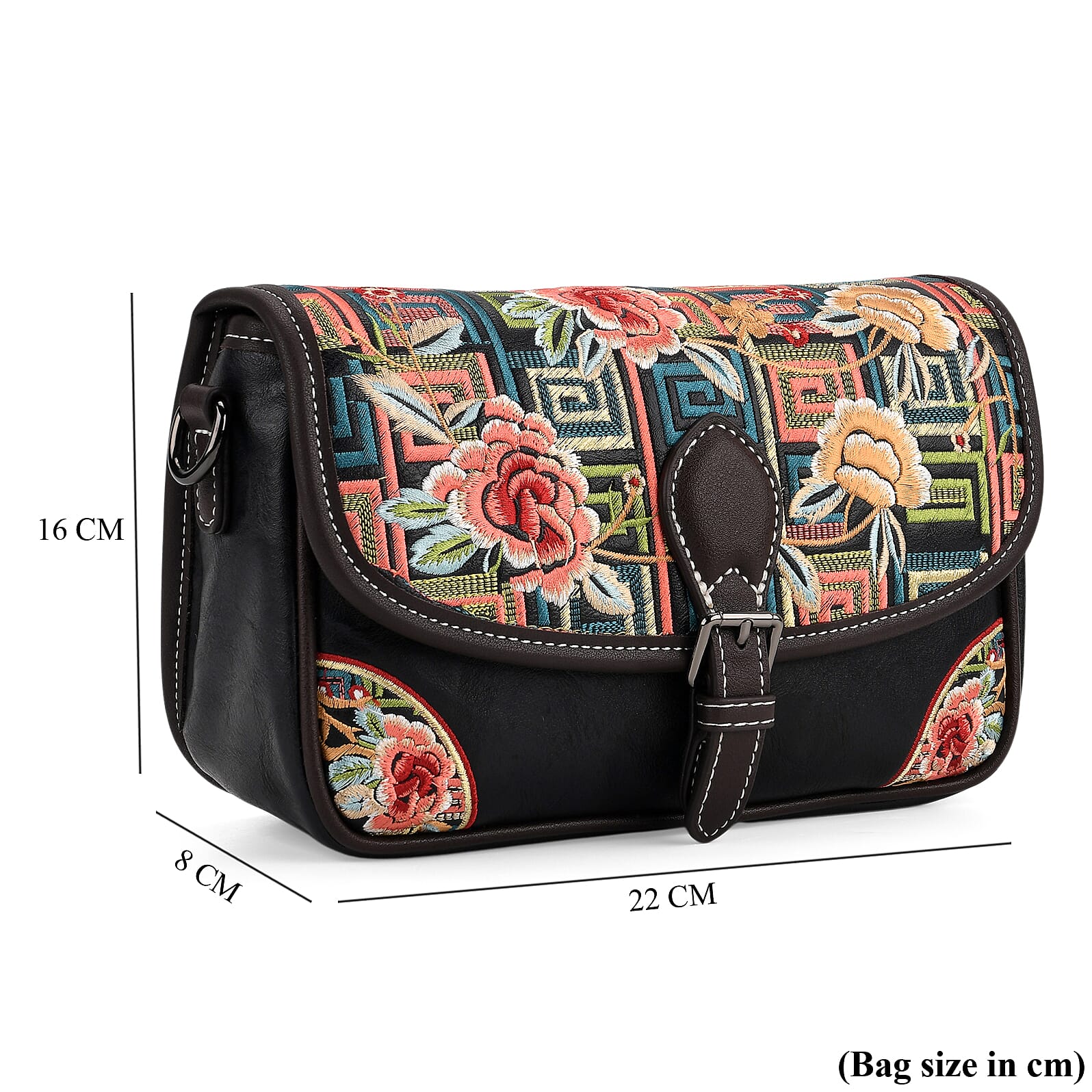 Floral Embroidered Sling Crossbody Bag - Black