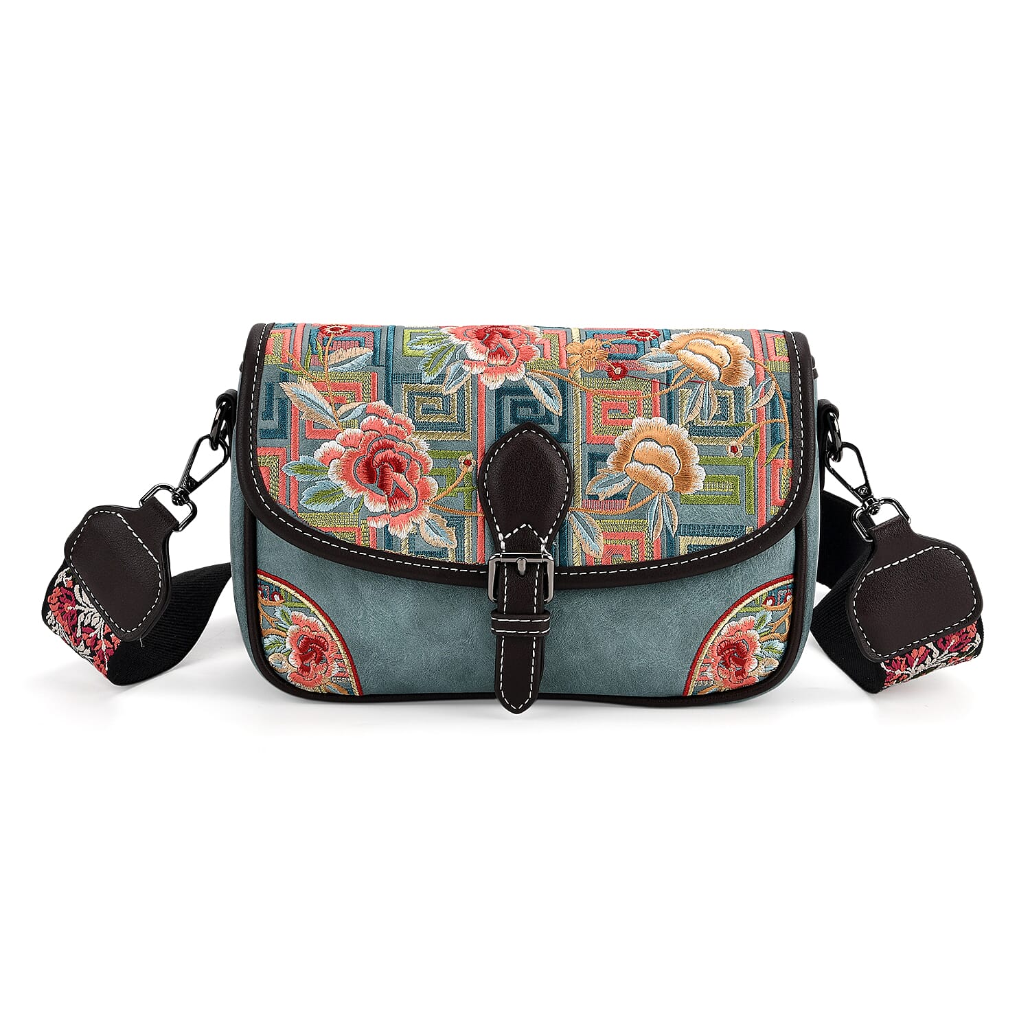 Floral Embroidered Sling Crossbody Bag - Blue