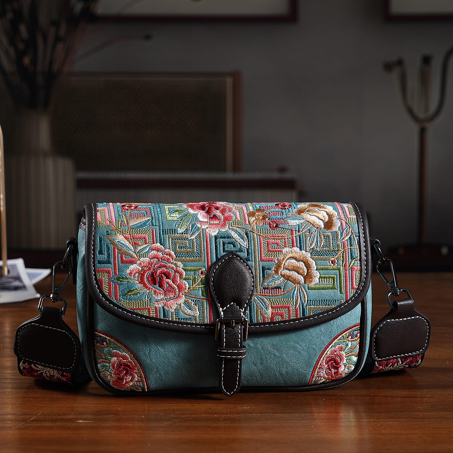 Floral Embroidered Sling Crossbody Bag - Blue