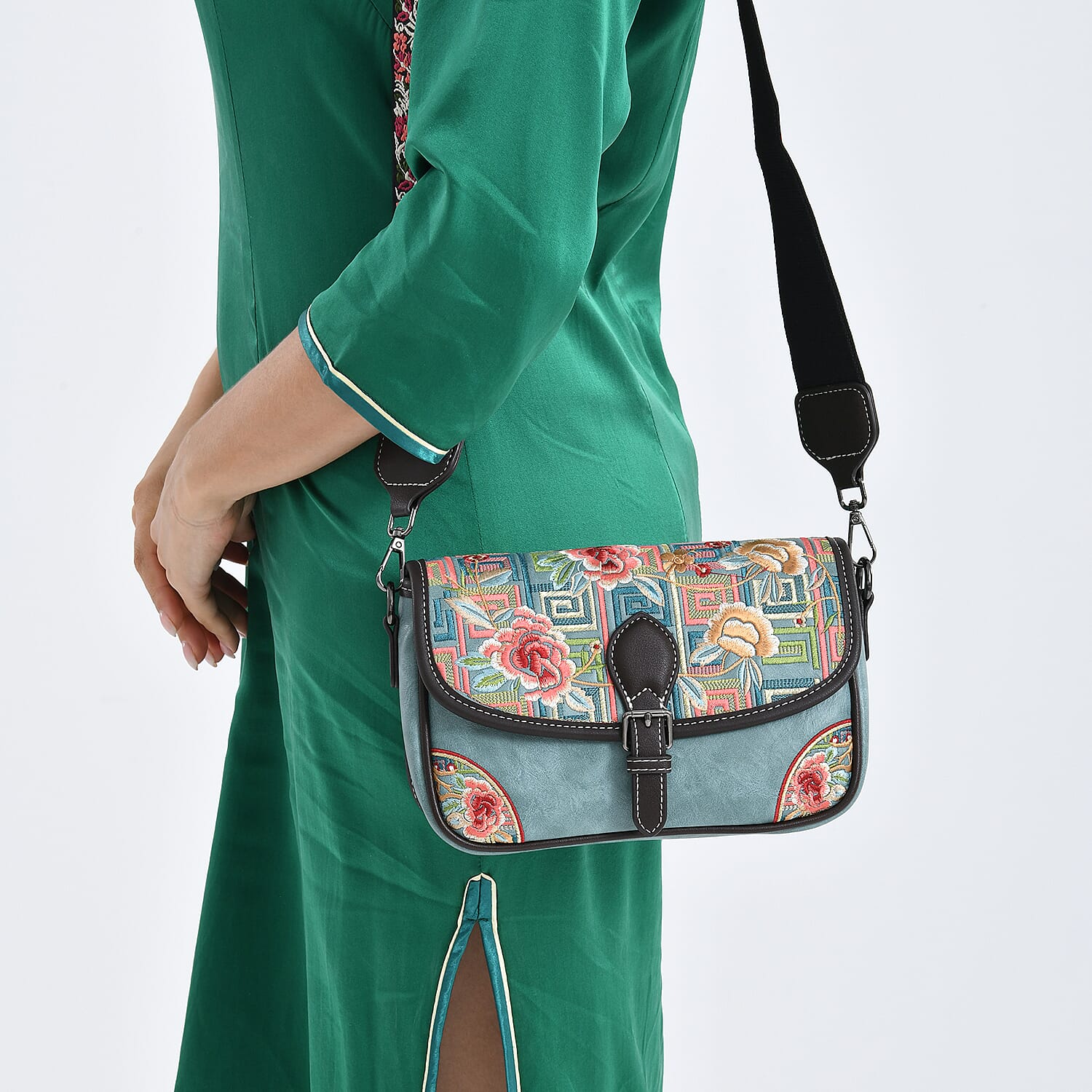 Floral Embroidered Sling Crossbody Bag - Blue