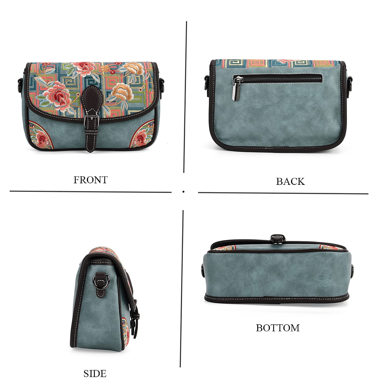 Floral Embroidered Sling Crossbody Bag - Blue