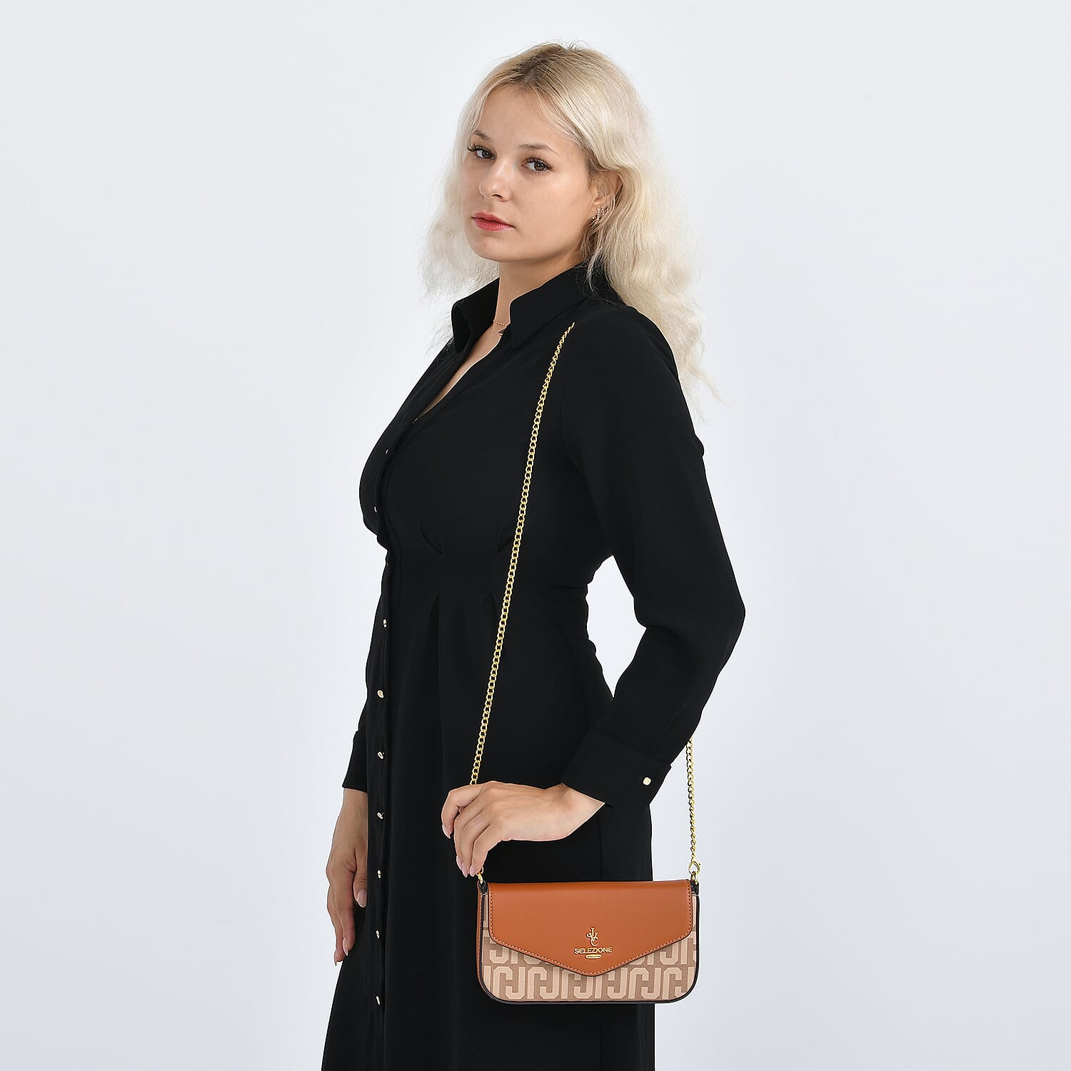 JVC- Milano Style Italian Luxury Shoulder Chain Crossbody Bag - Brown & Tan