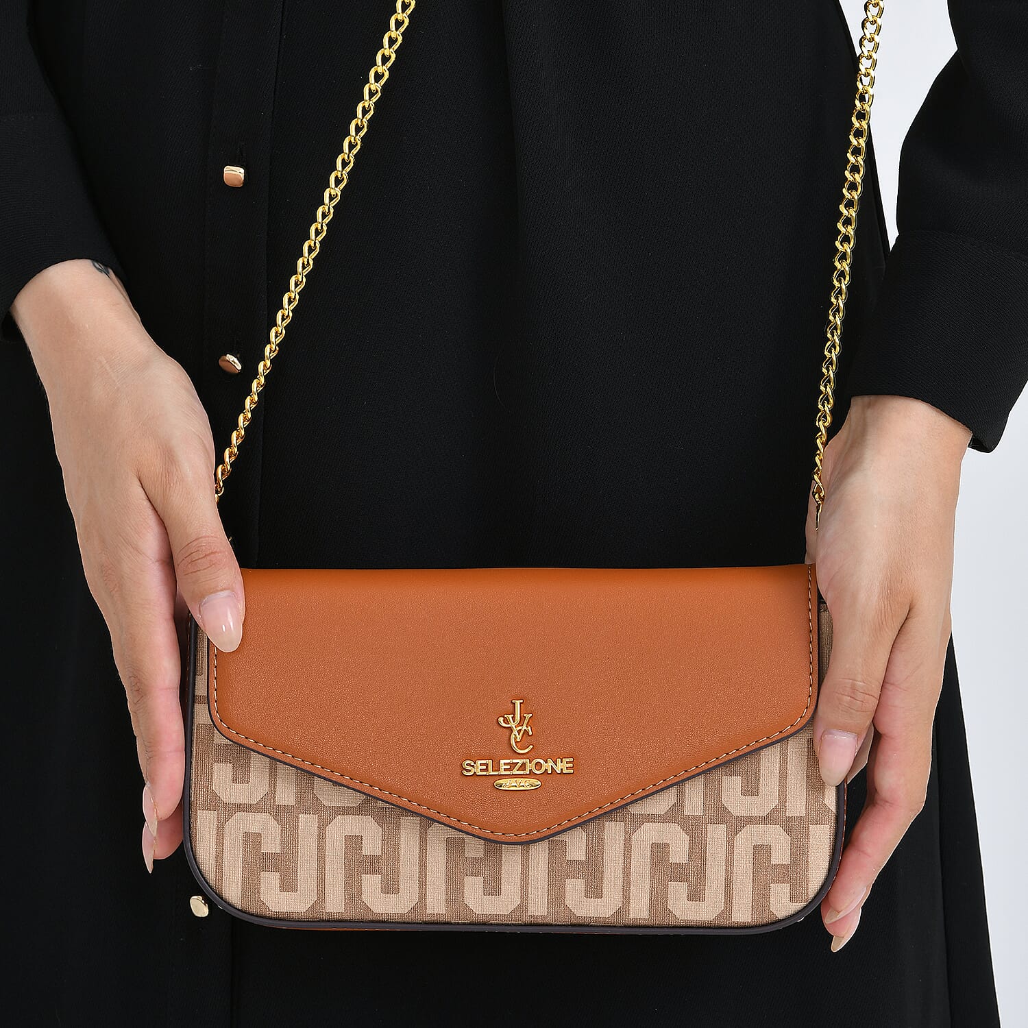 JVC- Milano Style Italian Luxury Shoulder Chain Crossbody Bag - Brown & Tan