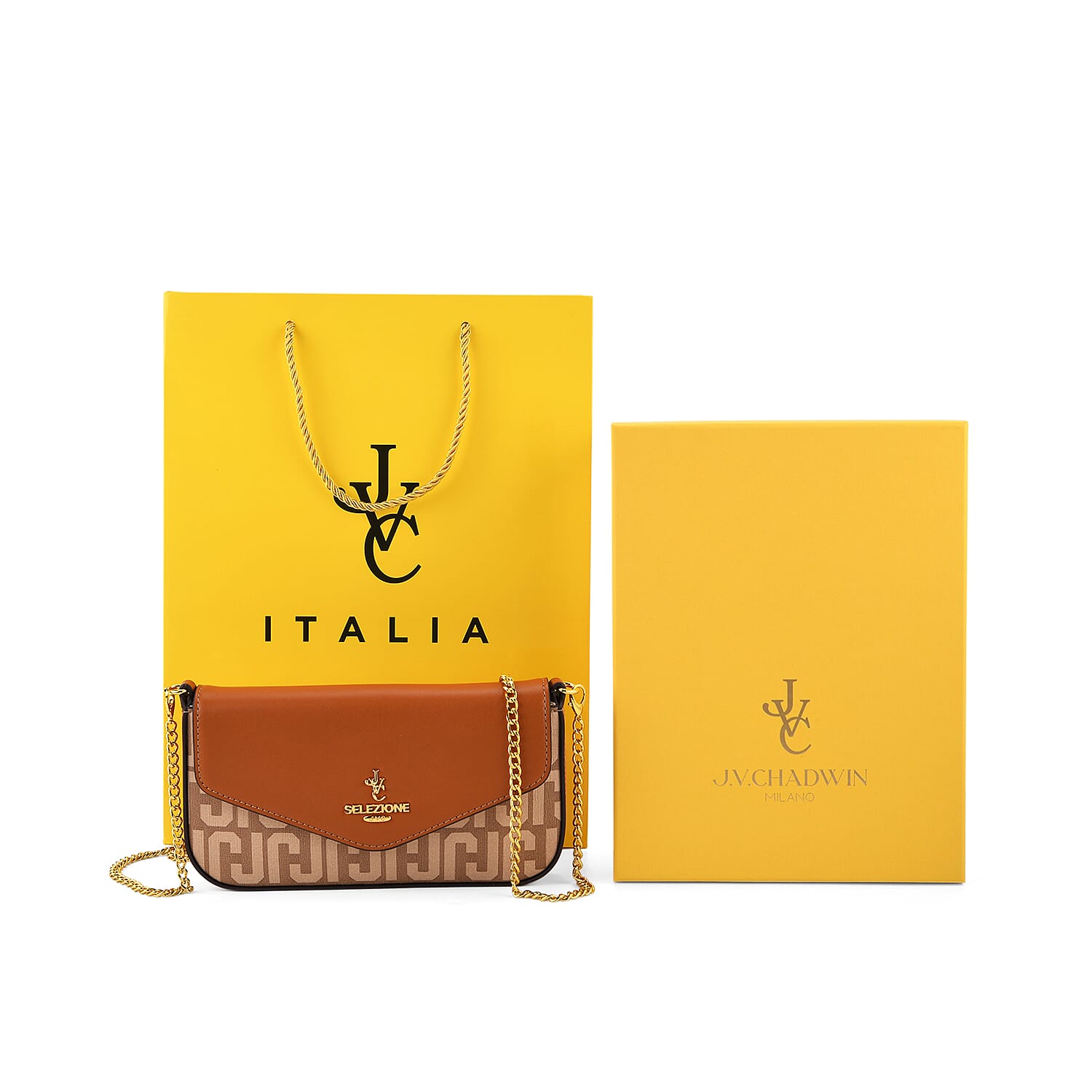 JVC- Milano Style Italian Luxury Shoulder Chain Crossbody Bag - Brown & Tan