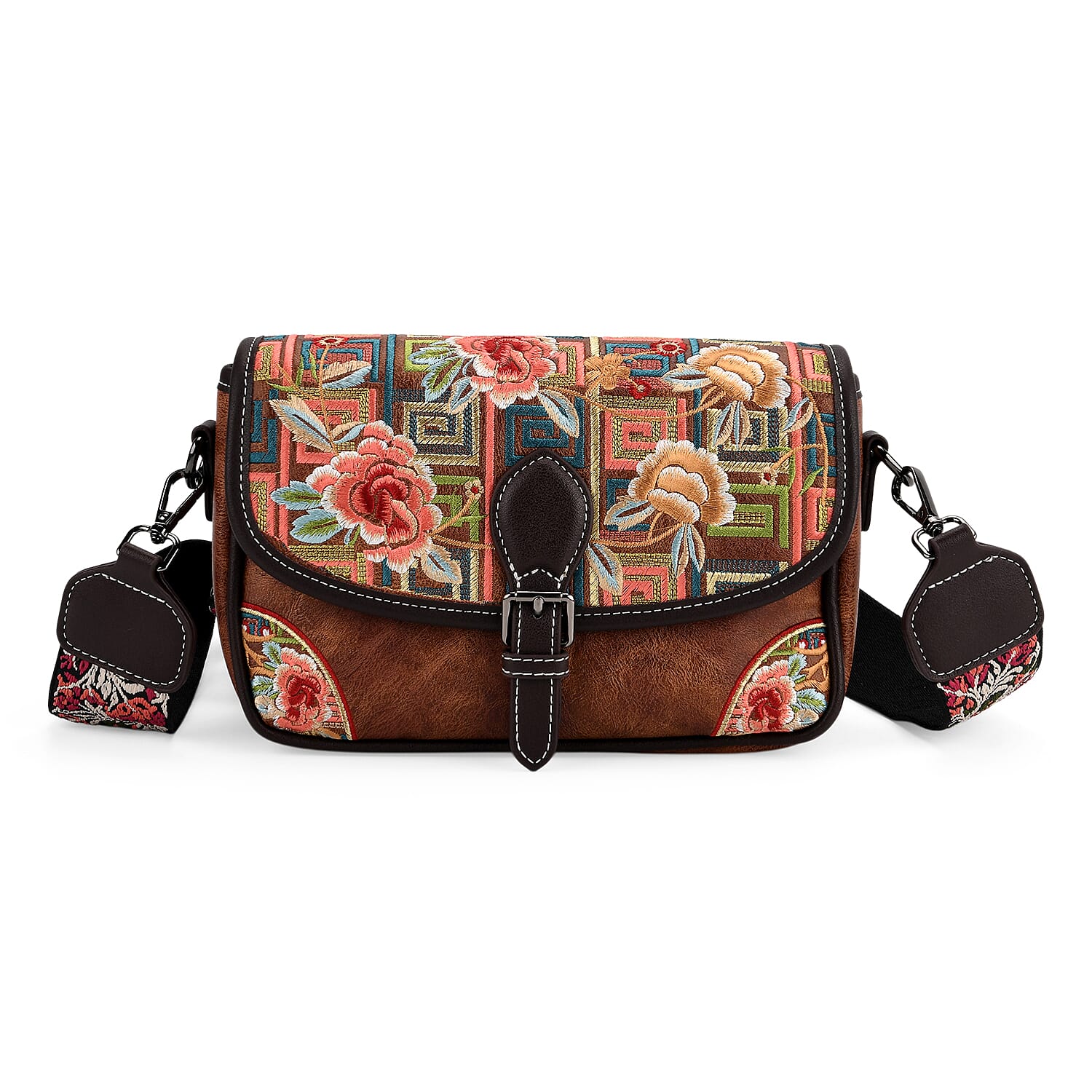 Floral Embroidered Sling Crossbody Bag - Brown
