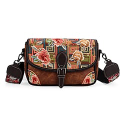 Floral Embroidered Sling Crossbody Bag - Brown