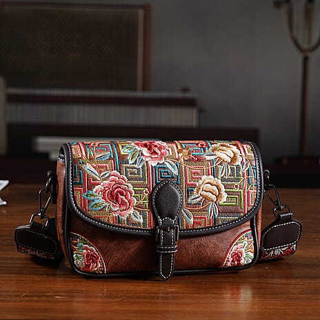 Floral Embroidered Sling Crossbody Bag - Brown
