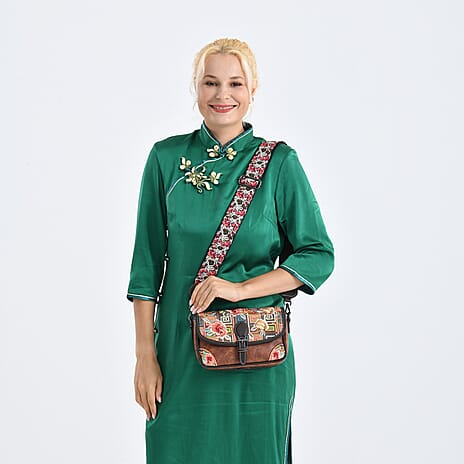 Floral Embroidered Sling Crossbody Bag - Brown